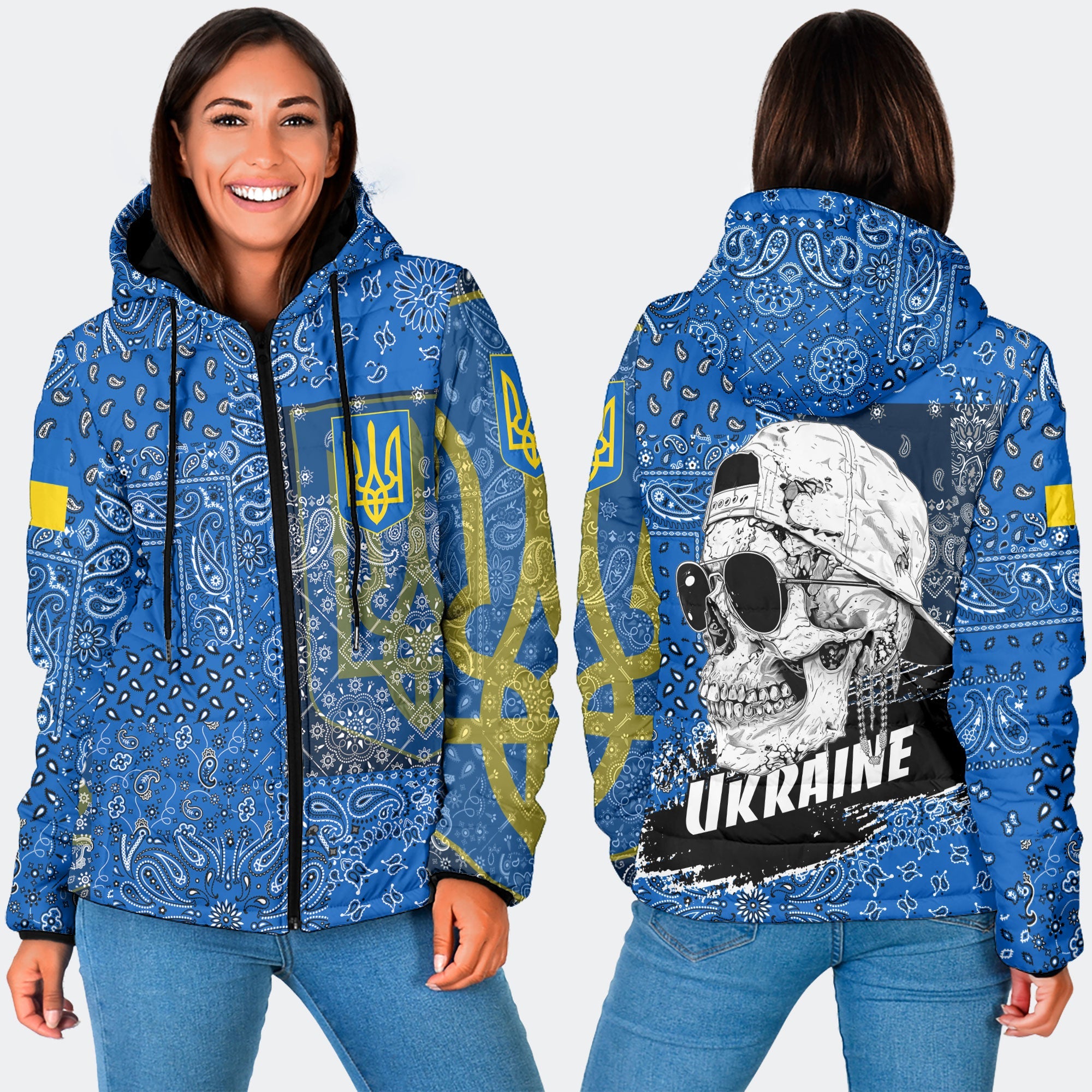 Ukraine Women Hooded Padded Jacket Paisley Flag And Skull Style 3