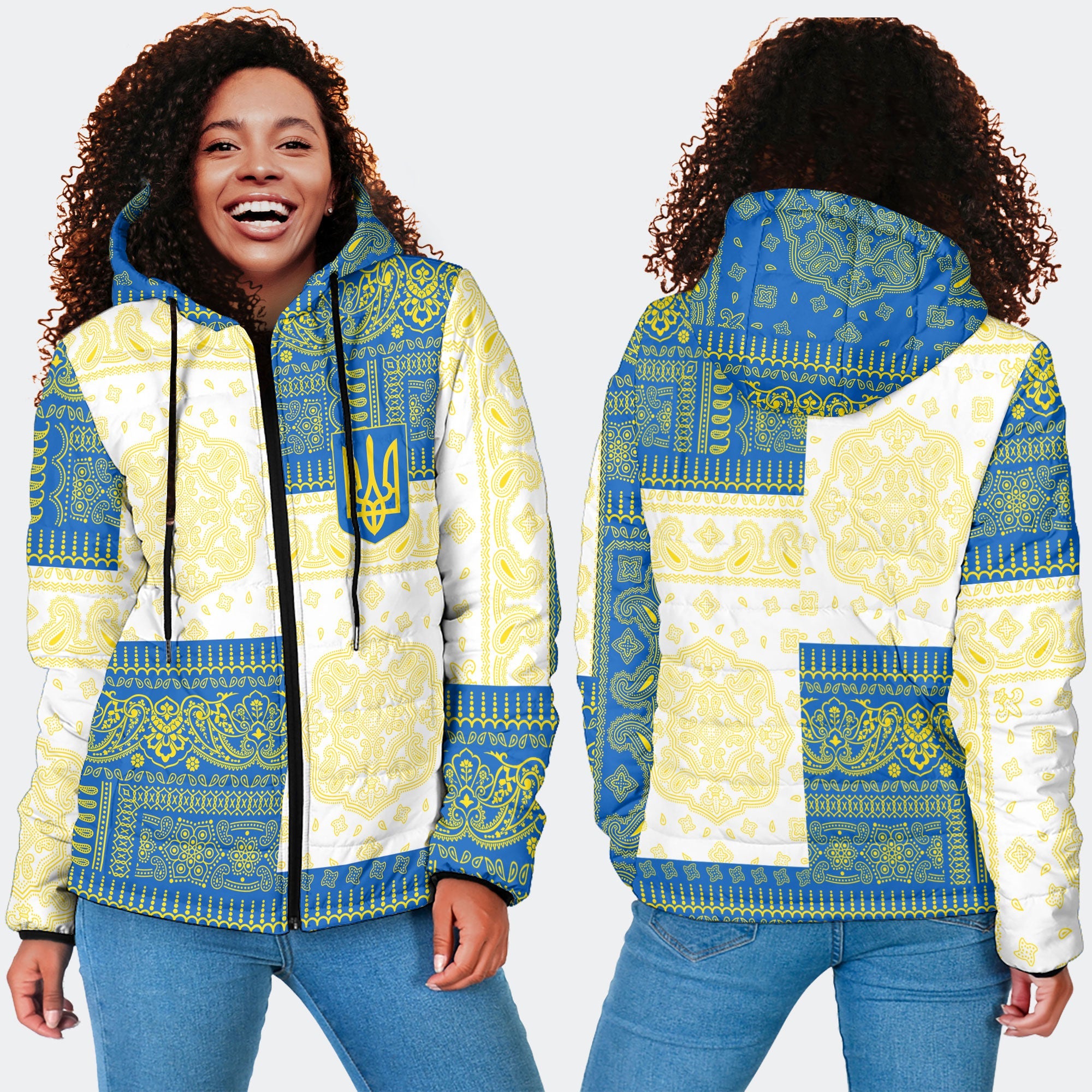 Ukraine Women Hooded Padded Jacket Flag And Paisley Basic Style 4