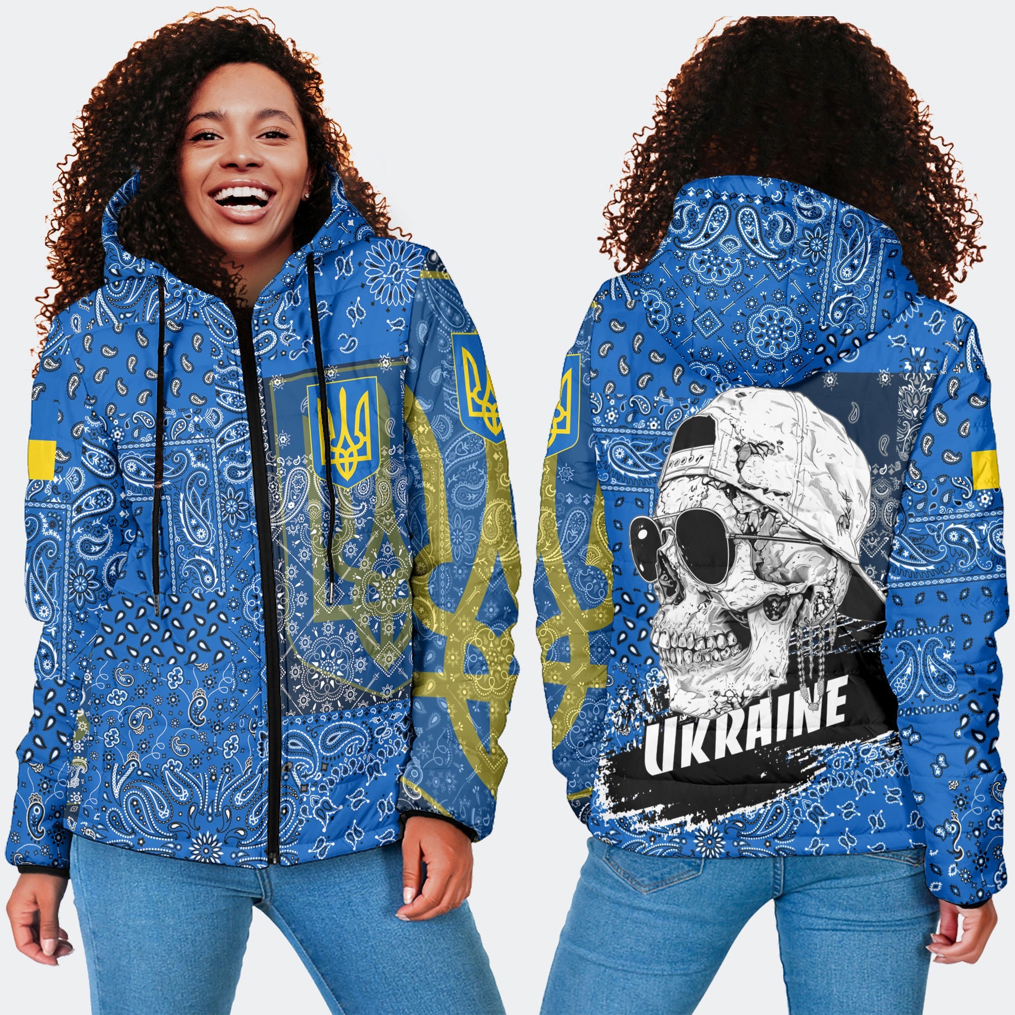 Ukraine Women Hooded Padded Jacket Paisley Flag And Skull Style 4