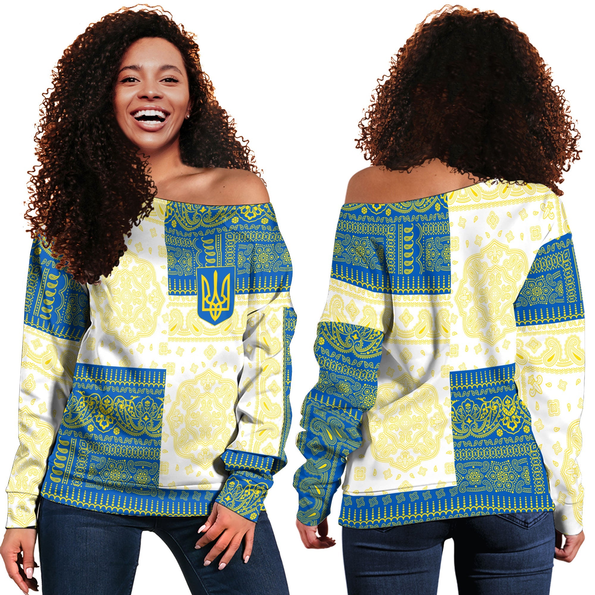 Ukraine Women Off Shoulder Sweatshirt Flag And Paisley Basic Style 1