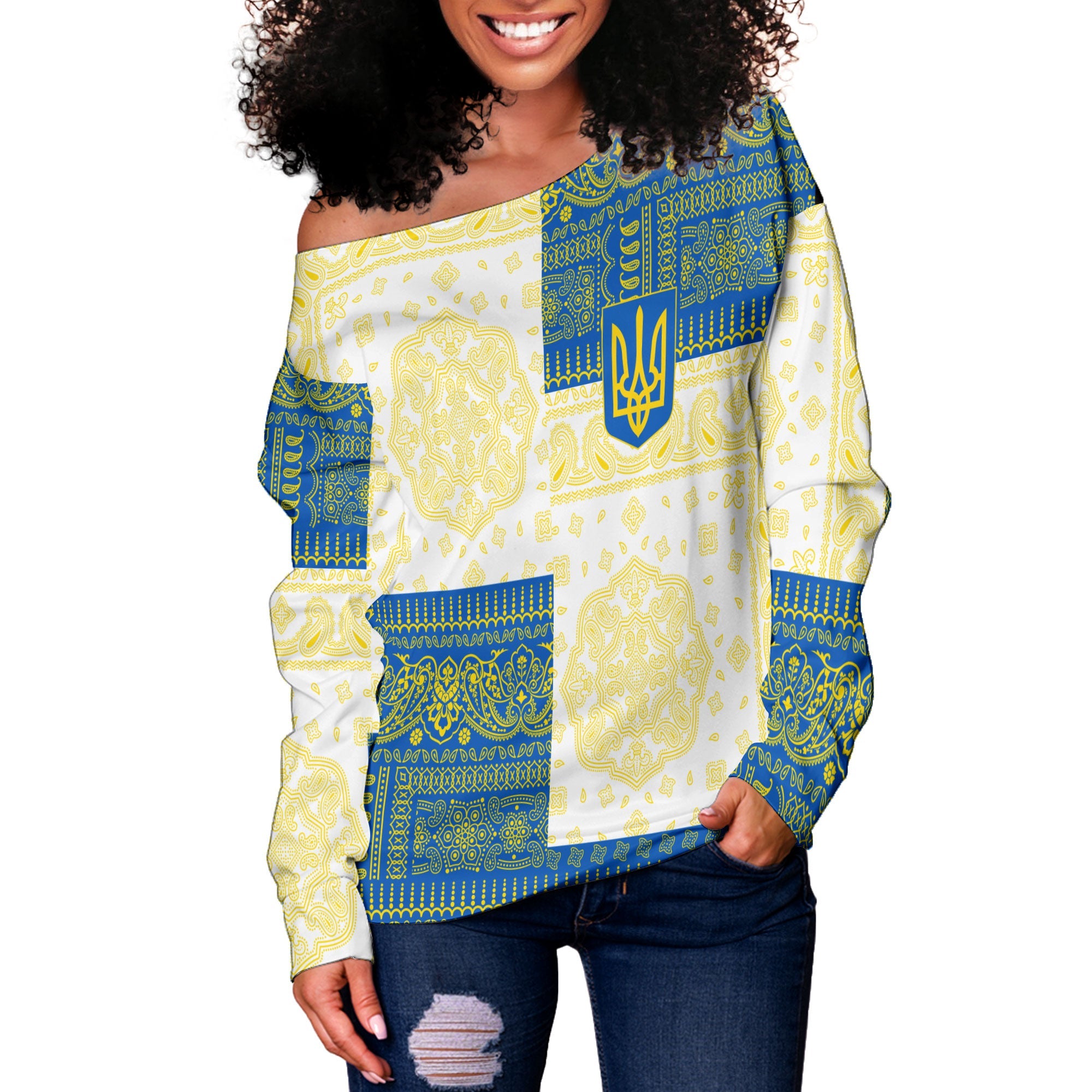 Ukraine Women Off Shoulder Sweatshirt Flag And Paisley Basic Style 2