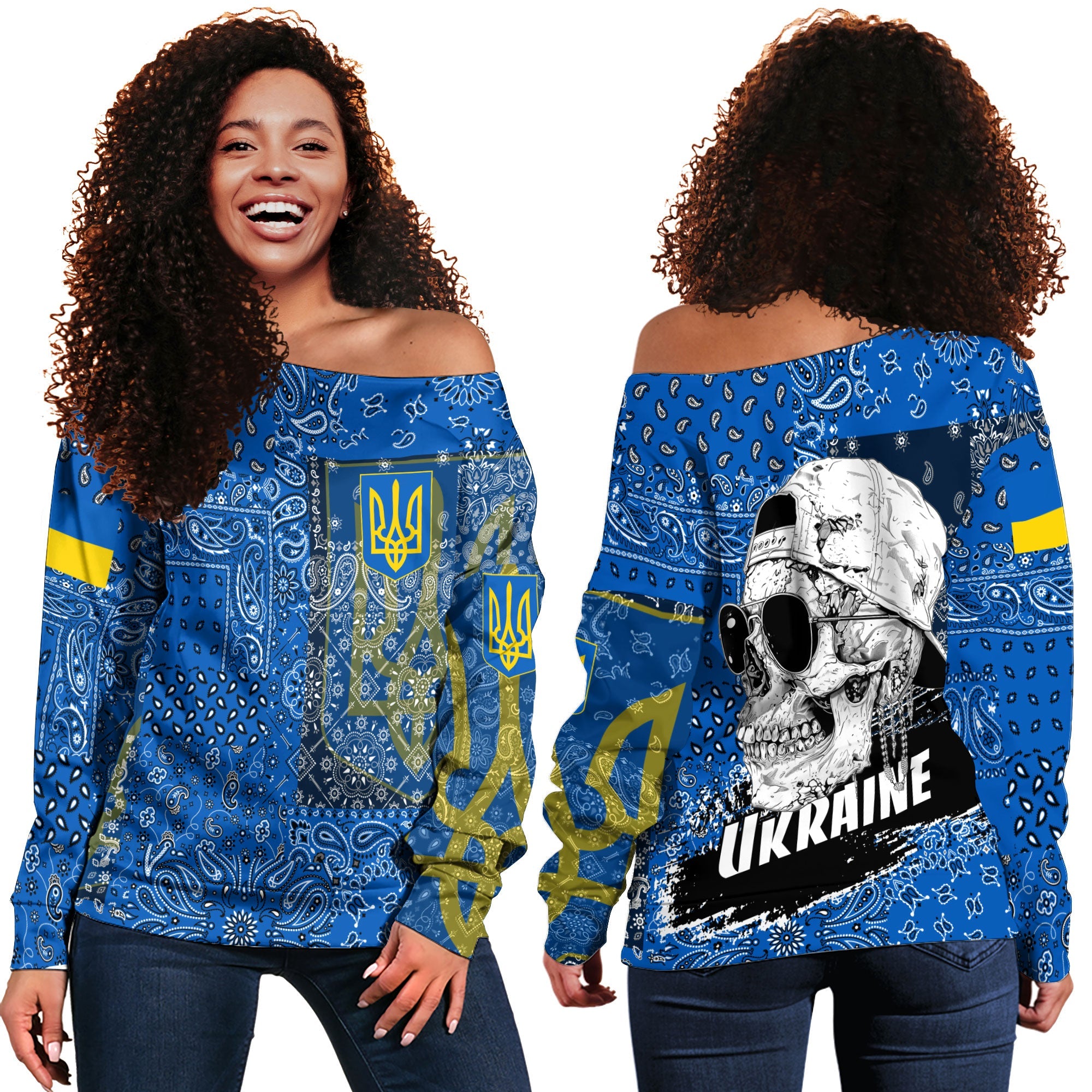 Ukraine Women Off Shoulder Sweatshirt Paisley Flag And Skull Style 1