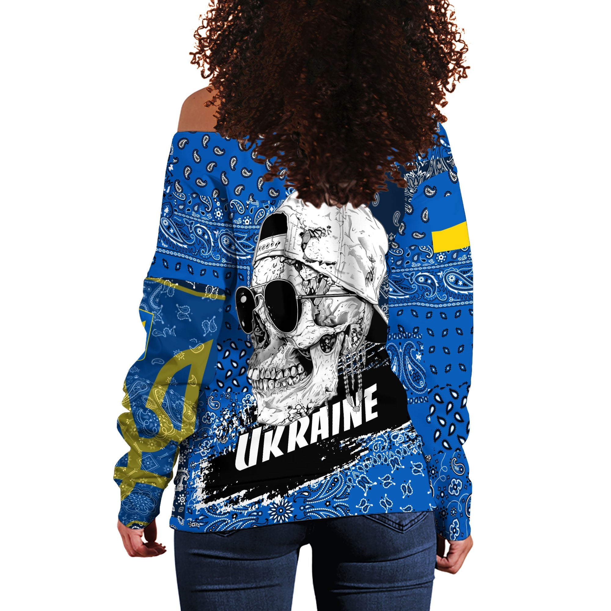 Ukraine Women Off Shoulder Sweatshirt Paisley Flag And Skull Style 3