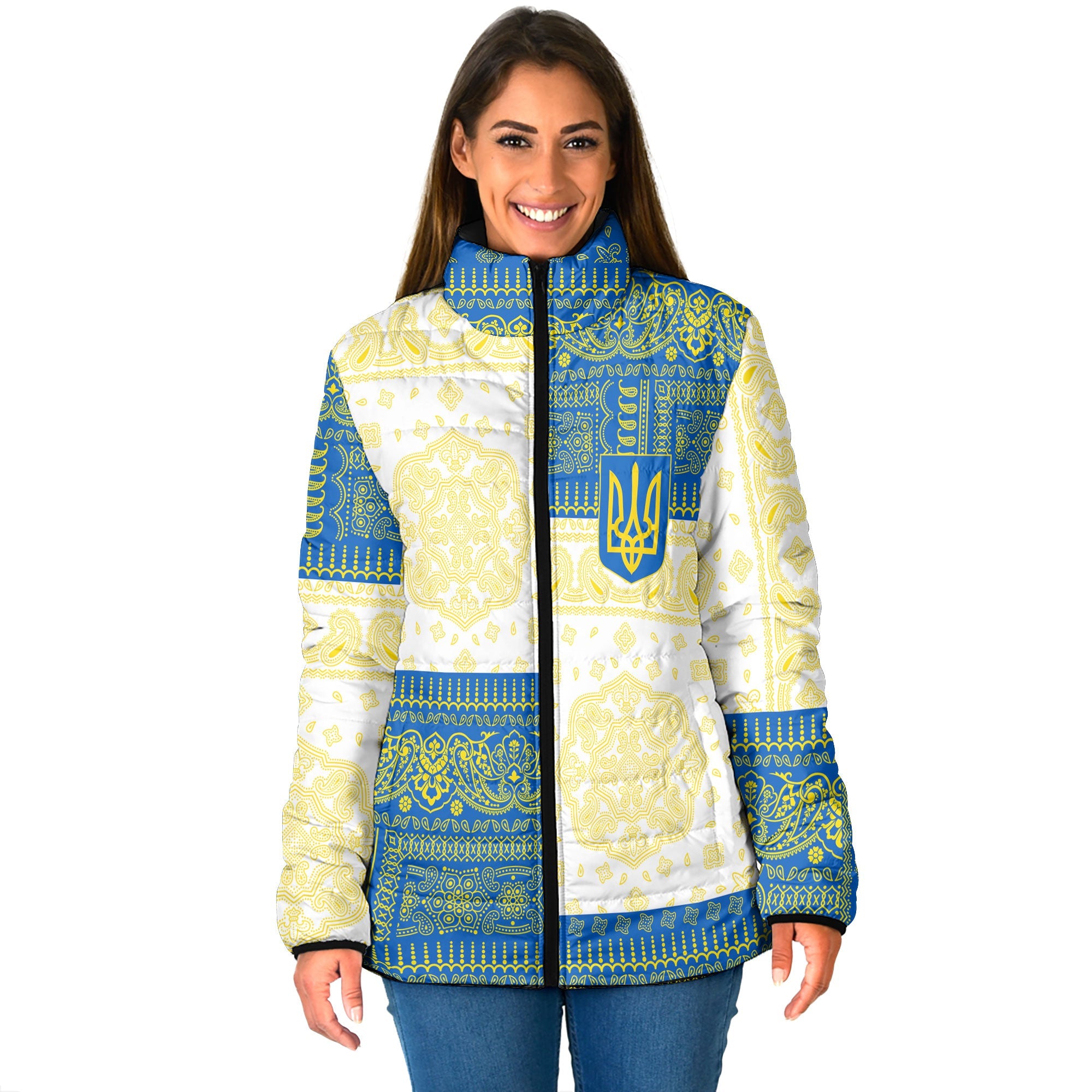 Ukraine Women Padded Jacket Flag And Paisley Basic Style 1