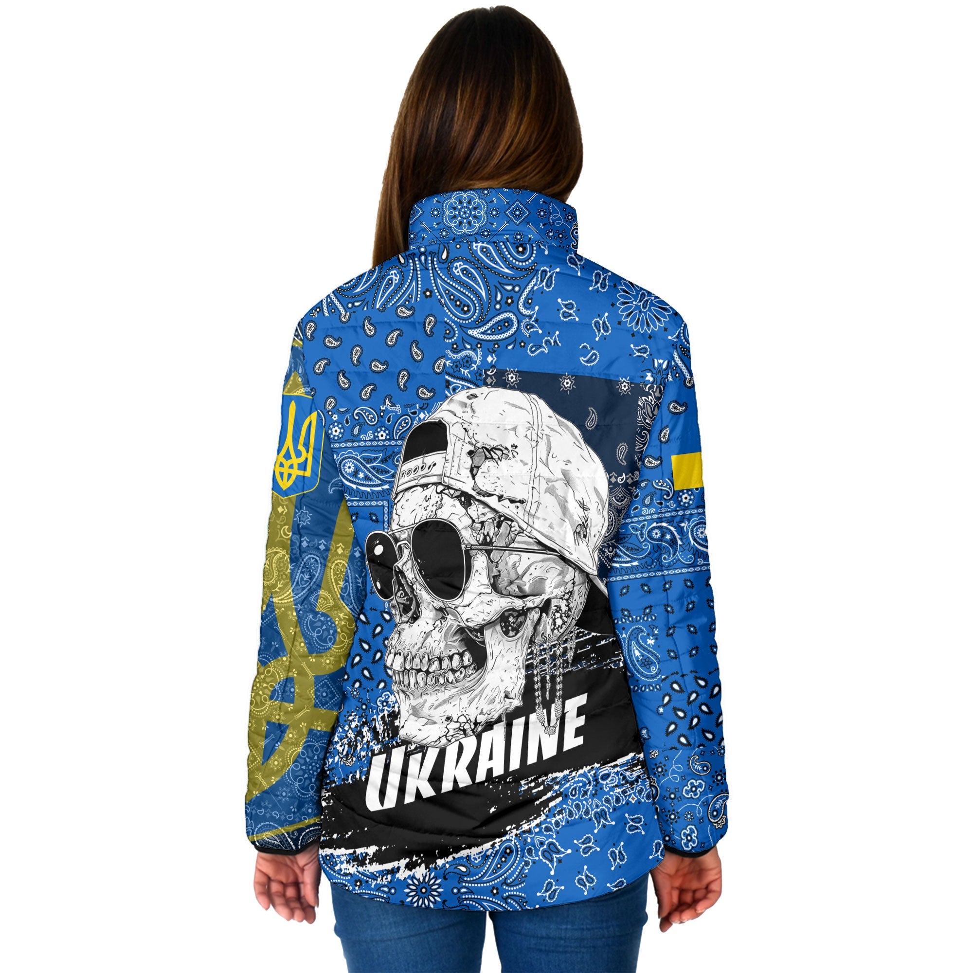 Ukraine Women Padded Jacket Paisley Flag And Skull Style 2