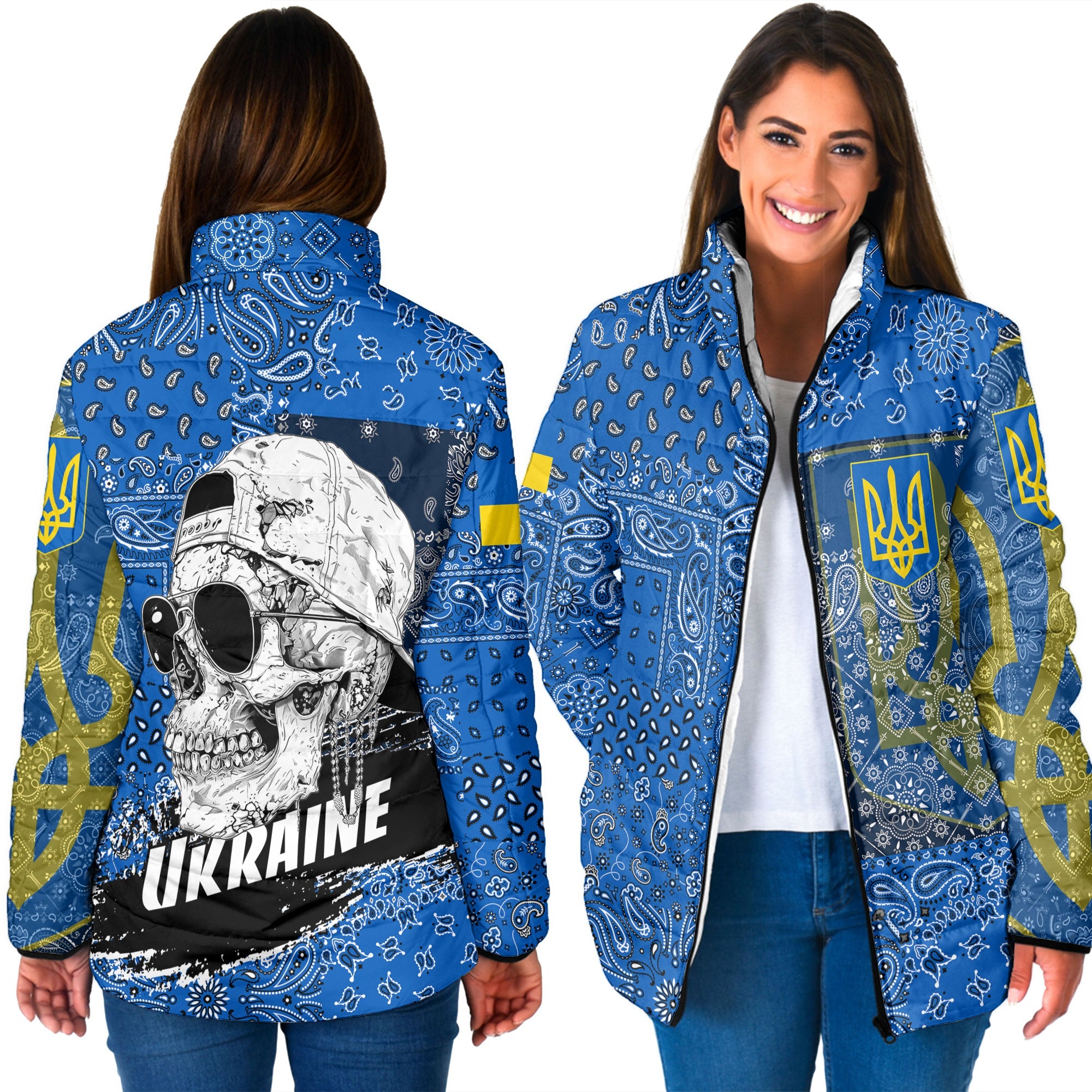 Ukraine Women Padded Jacket Paisley Flag And Skull Style 3