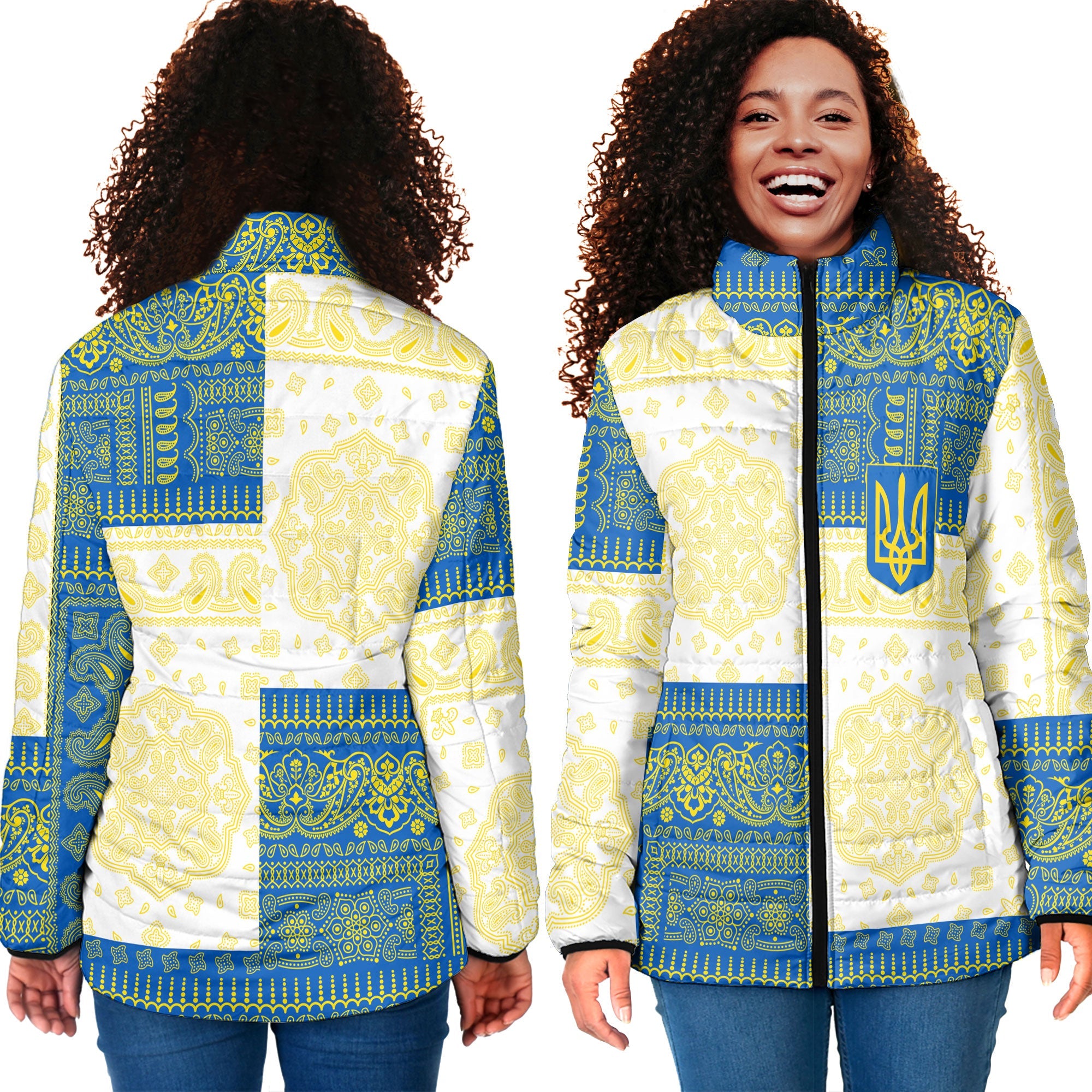 Ukraine Women Padded Jacket Flag And Paisley Basic Style 4