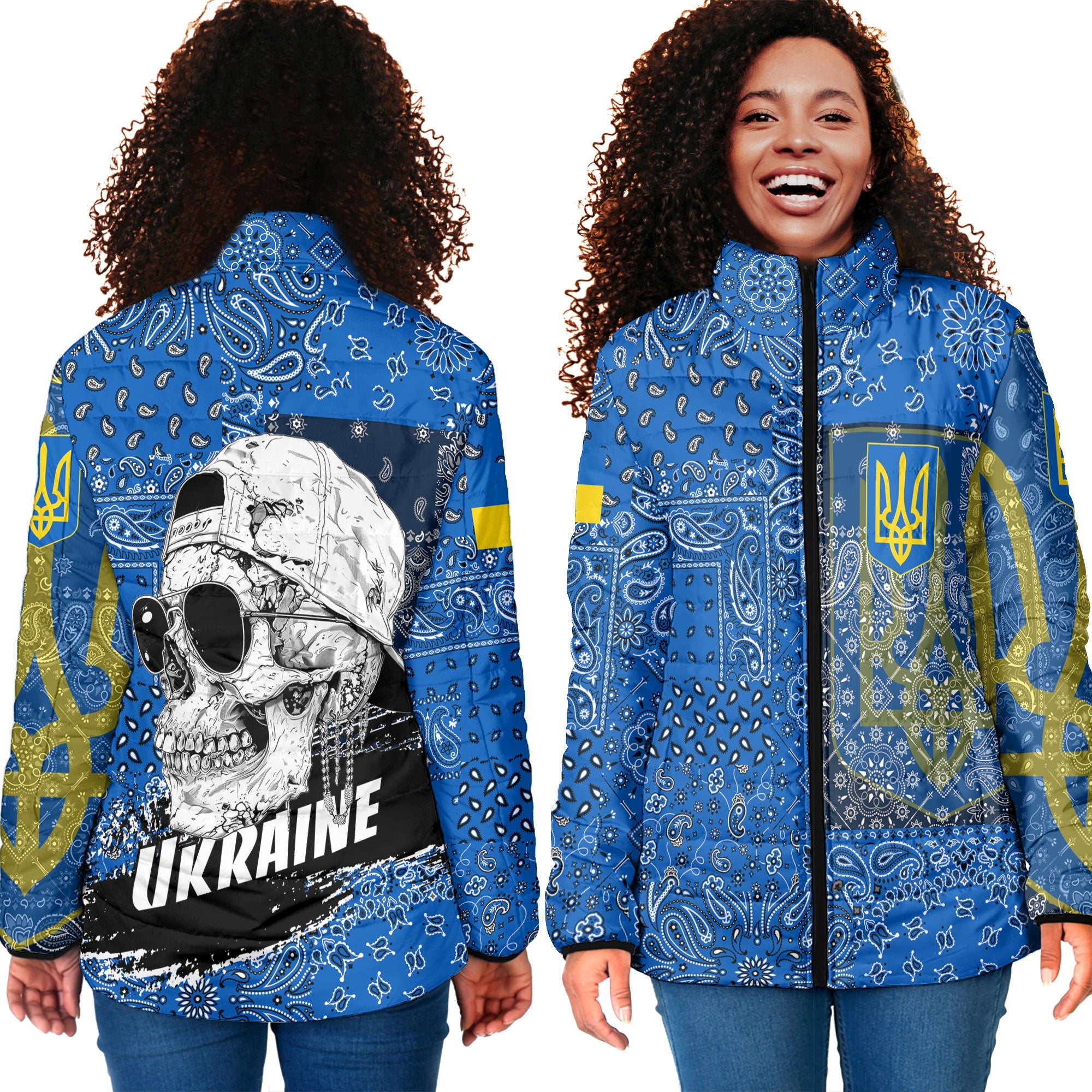 Ukraine Women Padded Jacket Paisley Flag And Skull Style 4