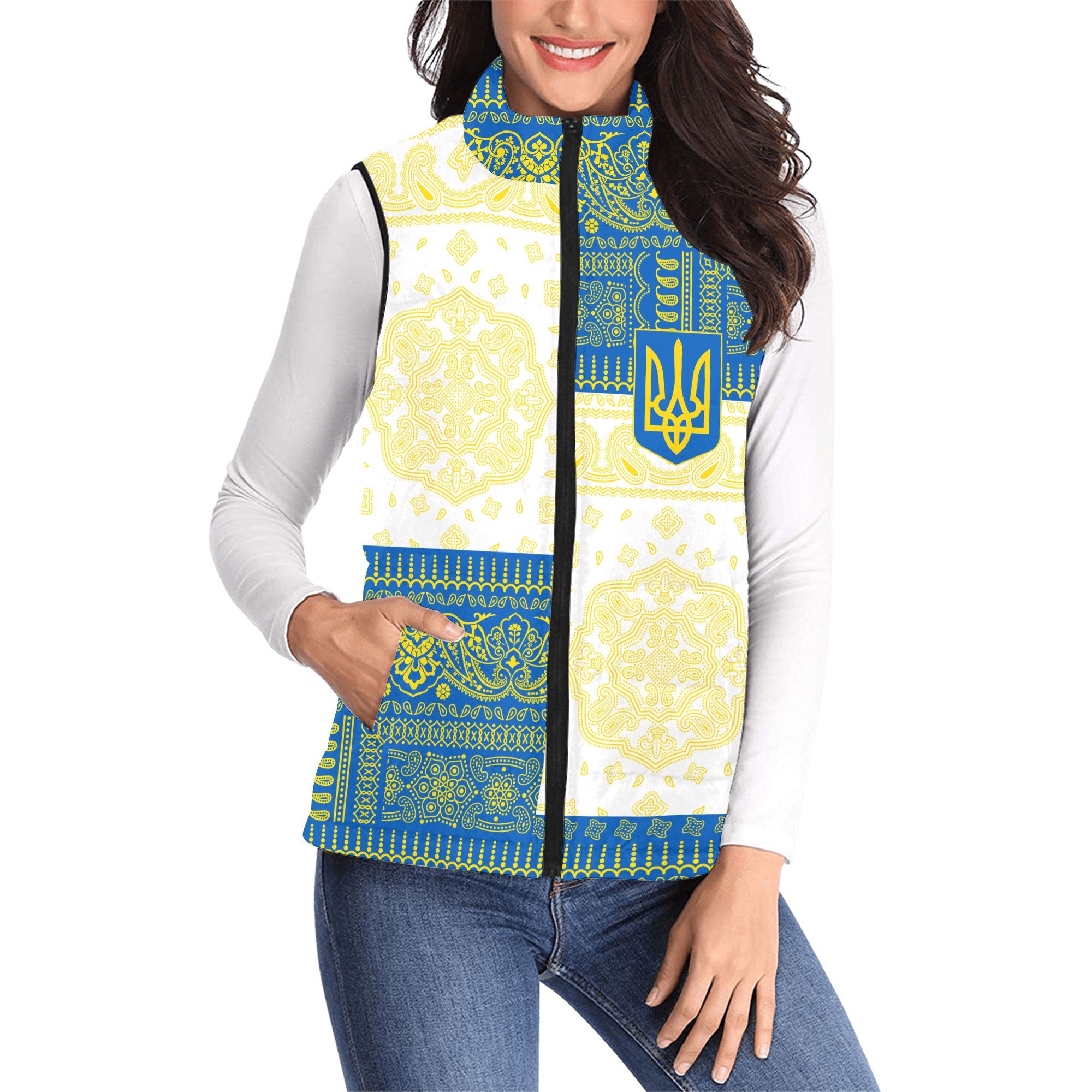 Ukraine Women Padded Jacket Vest Flag And Paisley Basic Style 1