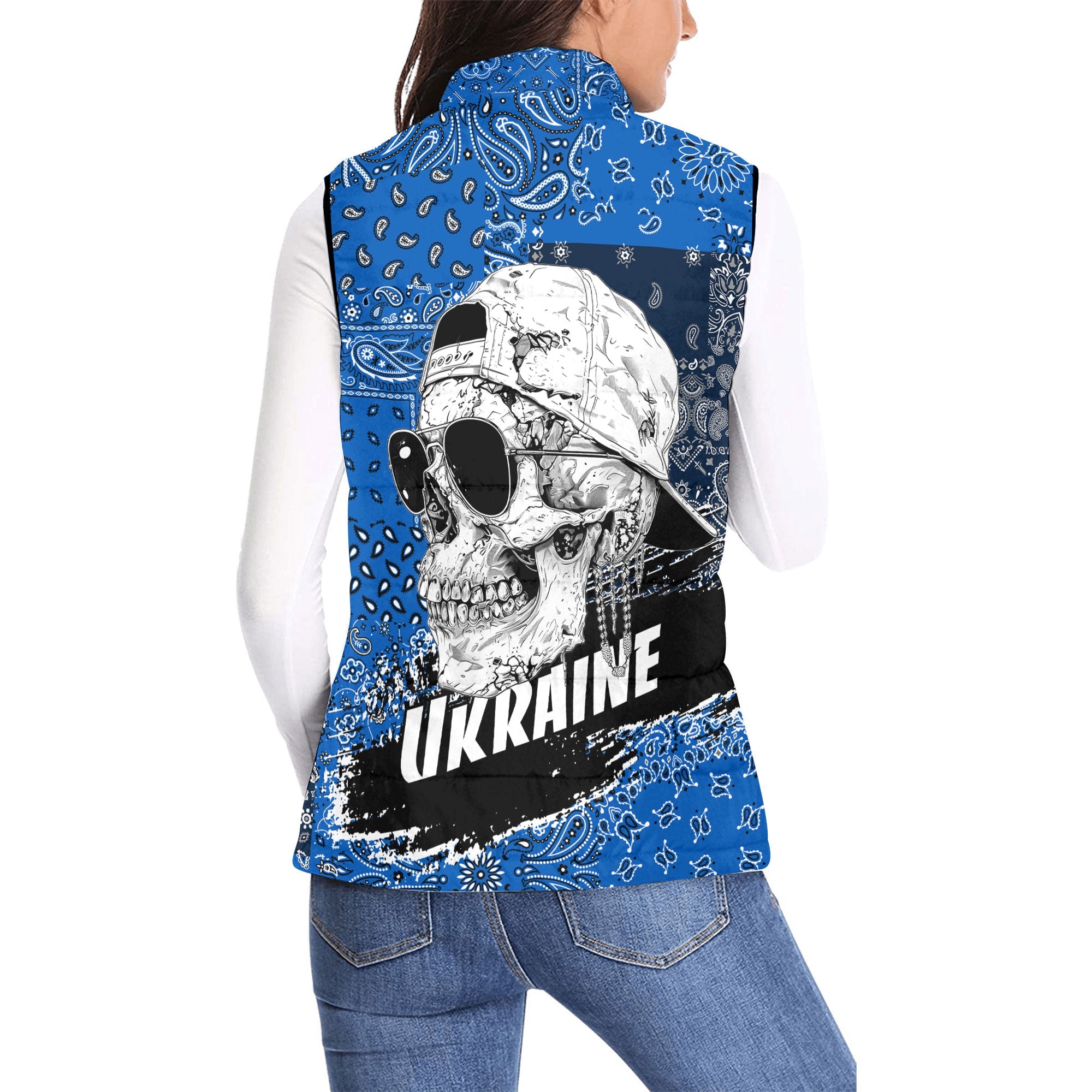 Ukraine Women Padded Jacket Vest Paisley Flag And Skull Style 2