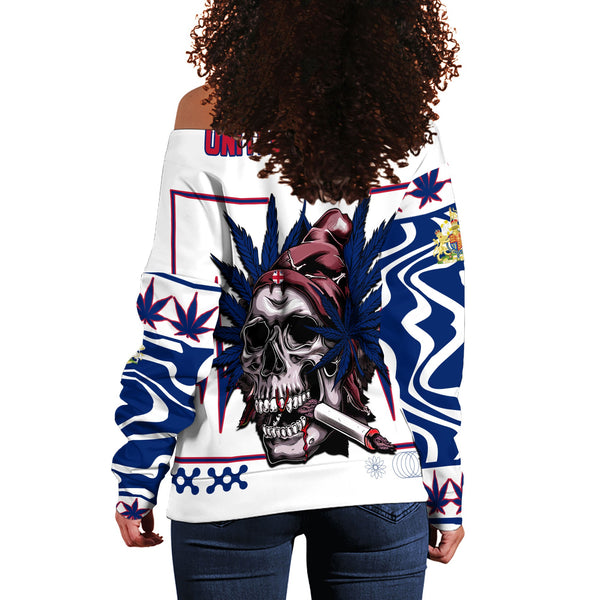 United Kingdom Women Off Shoulder Sweatshirt Flag & Coat Of Arms Marijuanas Style