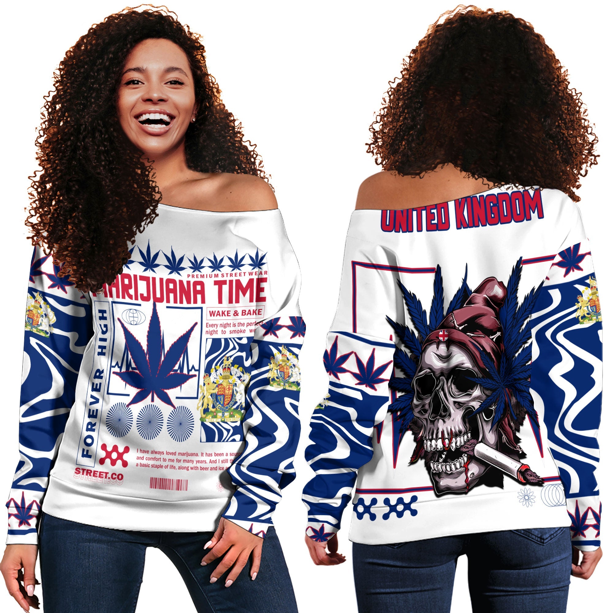 United Kingdom Women Off Shoulder Sweatshirt Flag & Coat Of Arms Marijuanas Style