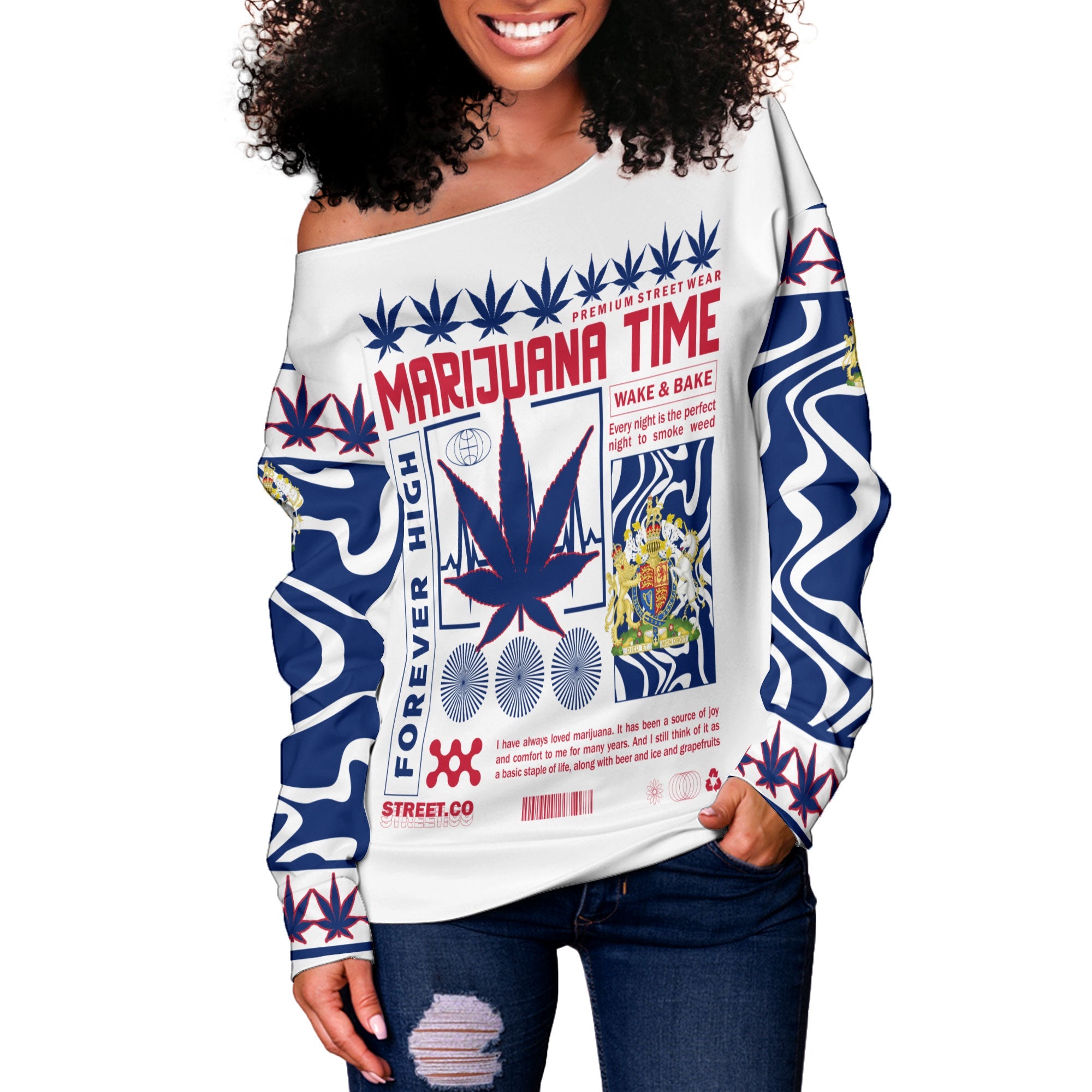 United Kingdom Women Off Shoulder Sweatshirt Flag & Coat Of Arms Marijuanas Style