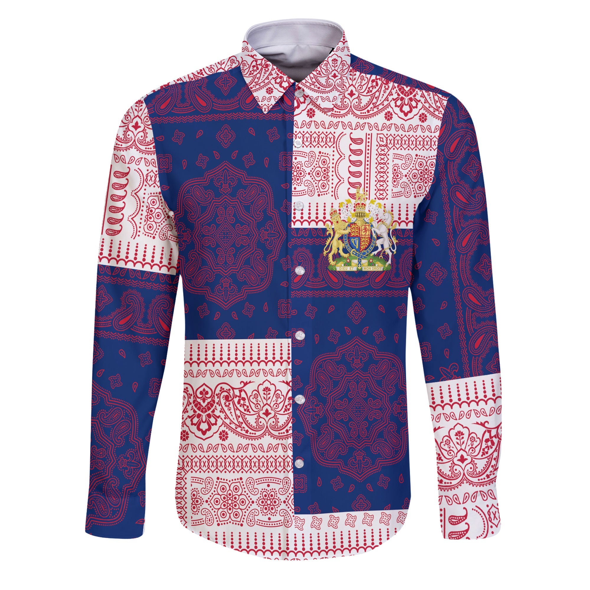 United Kingdom Long Sleeve Button Shirt Flag And Paisley Basic Style 1