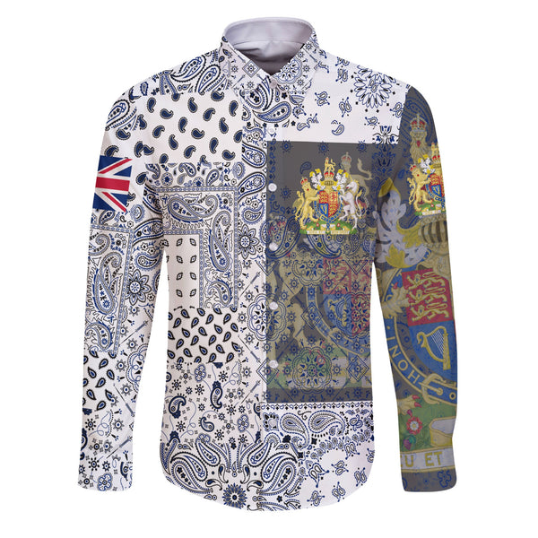 United Kingdom Long Sleeve Button Shirt Paisley Flag And Skull Style 1