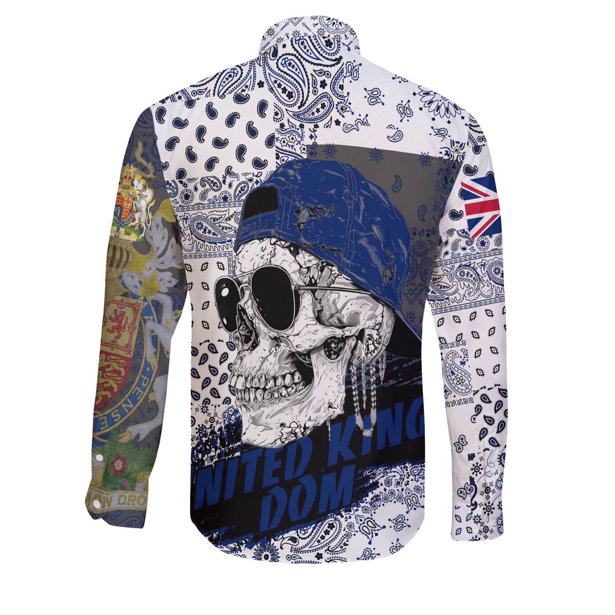 United Kingdom Long Sleeve Button Shirt Paisley Flag And Skull Style 2