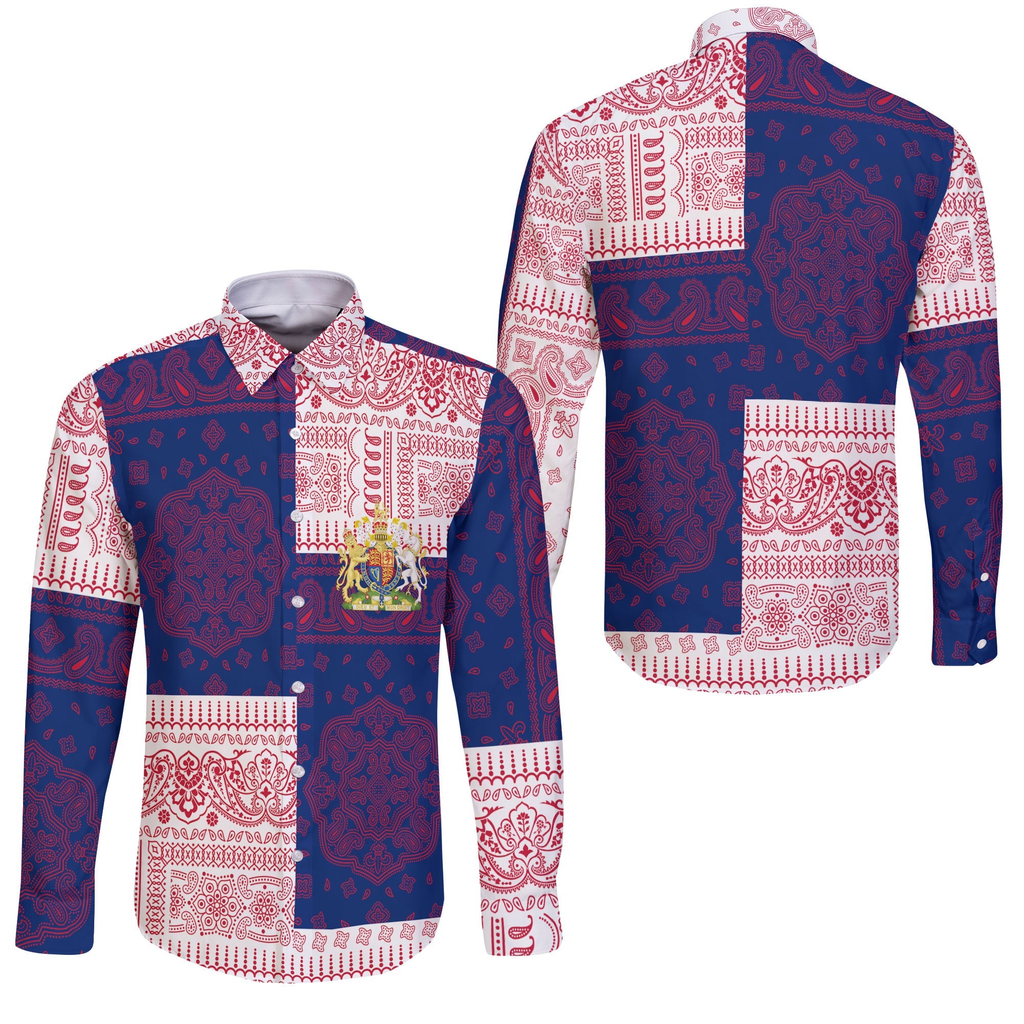 United Kingdom Long Sleeve Button Shirt Flag And Paisley Basic Style 3