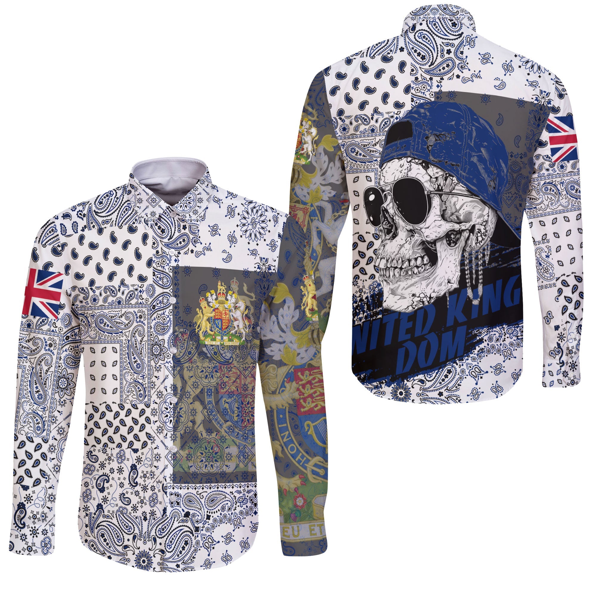 United Kingdom Long Sleeve Button Shirt Paisley Flag And Skull Style 3