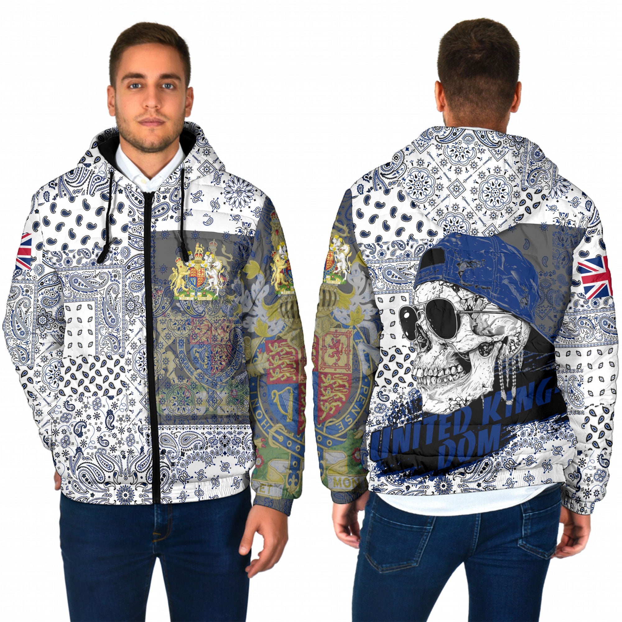 United Kingdom Men Hooded Padded Jacket Paisley Flag And Skull Style 1