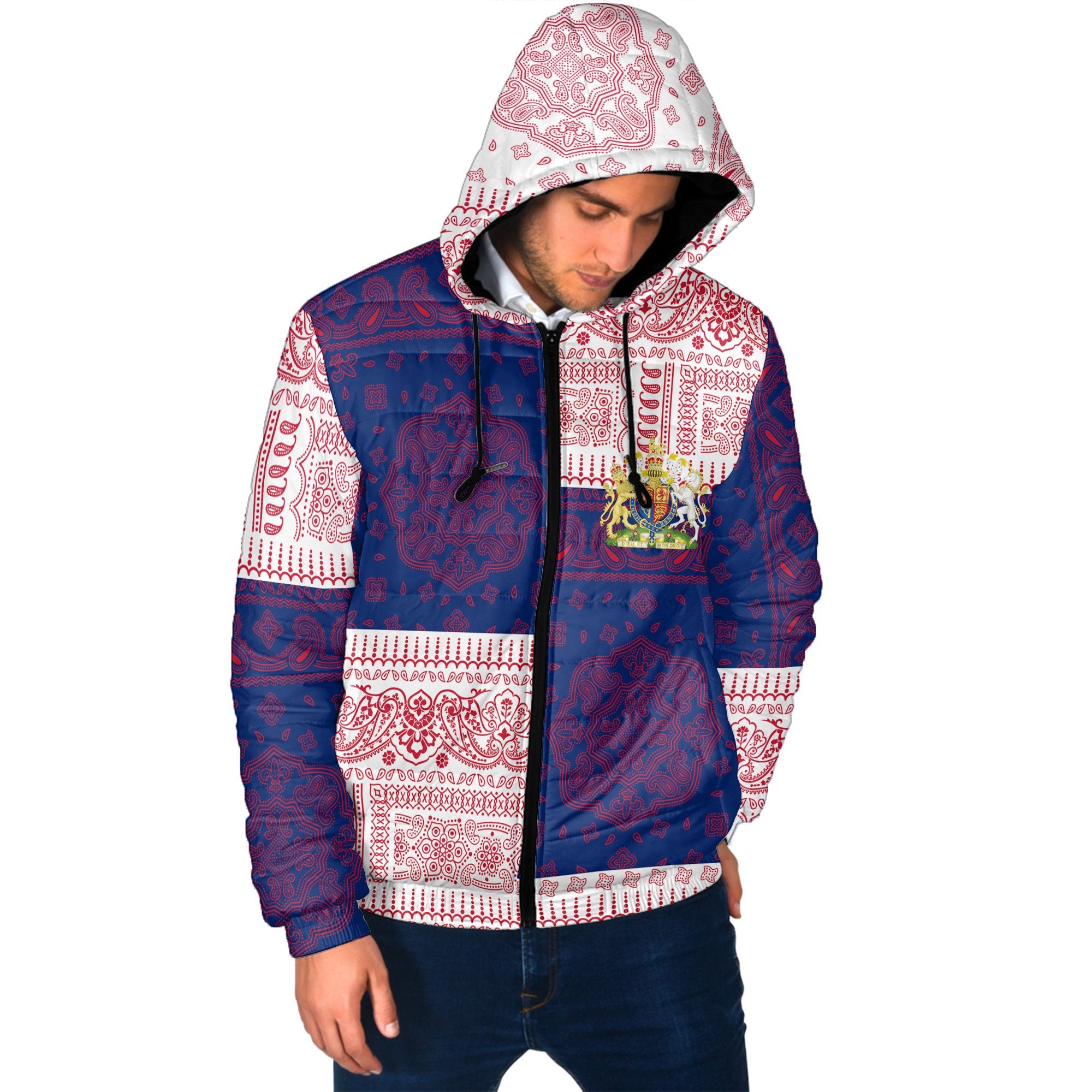 United Kingdom Men Hooded Padded Jacket Flag And Paisley Basic Style 2