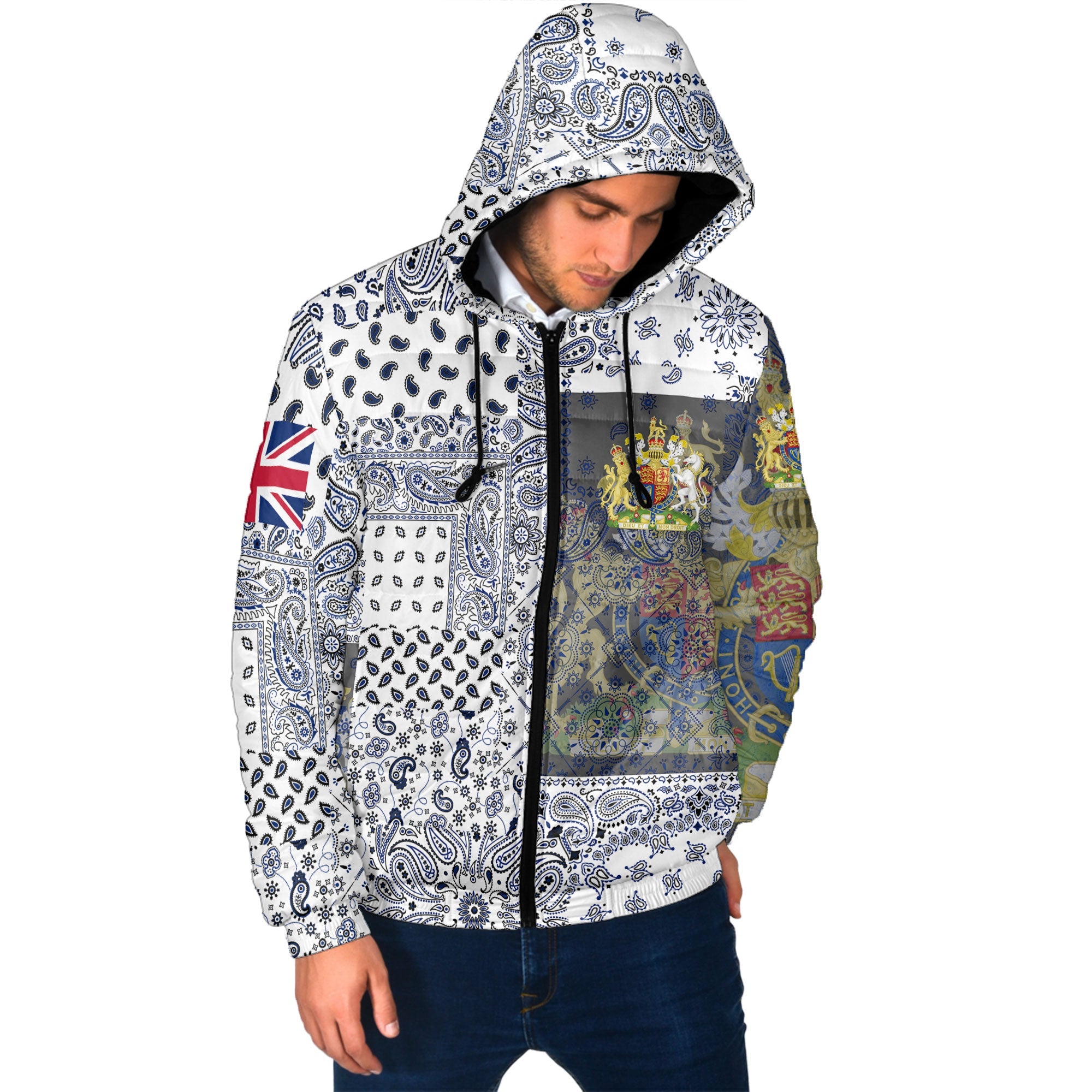 United Kingdom Men Hooded Padded Jacket Paisley Flag And Skull Style 2