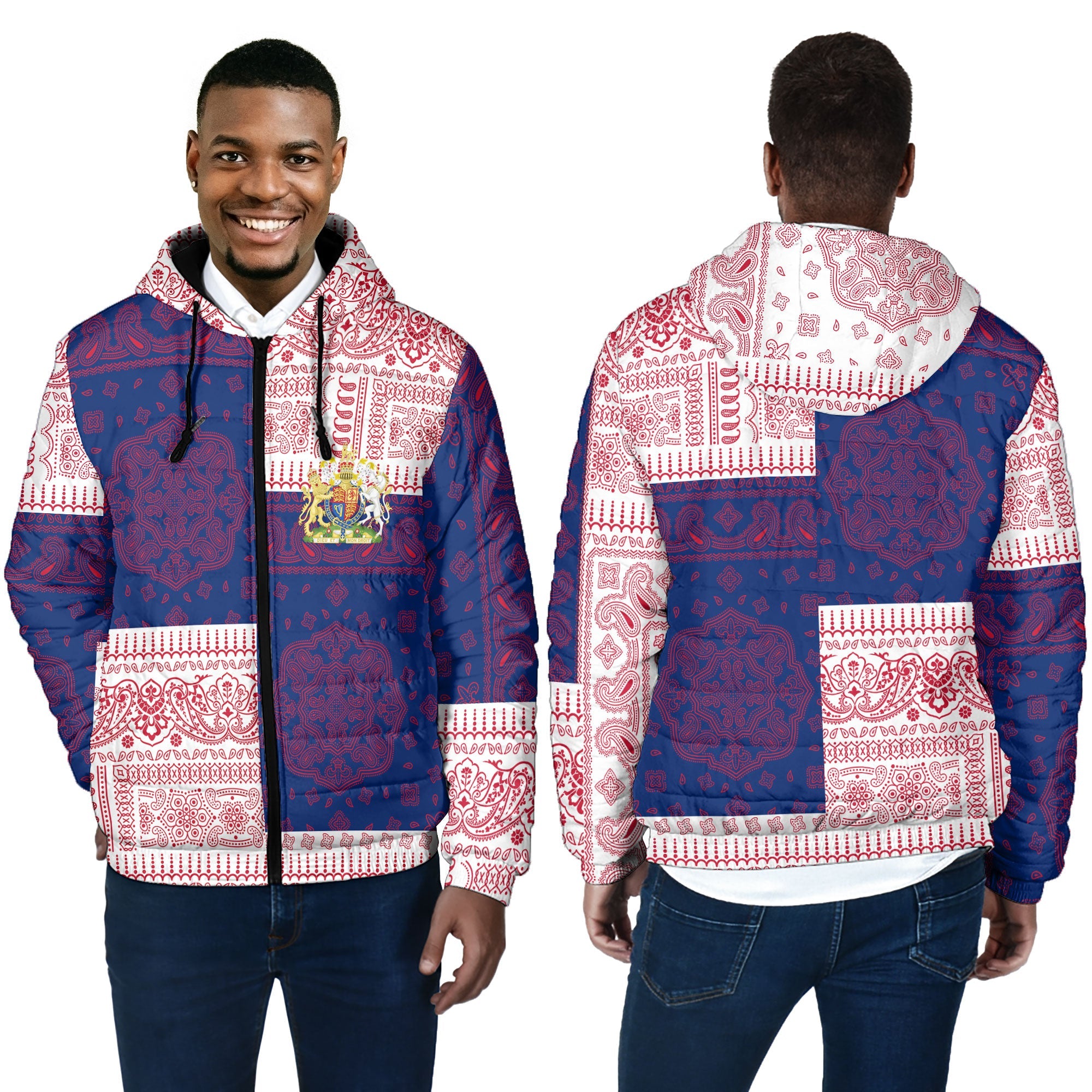 United Kingdom Men Hooded Padded Jacket Flag And Paisley Basic Style 4