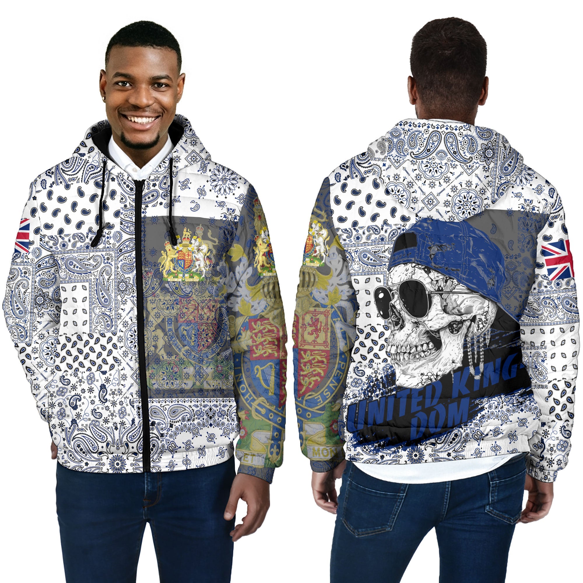 United Kingdom Men Hooded Padded Jacket Paisley Flag And Skull Style 4