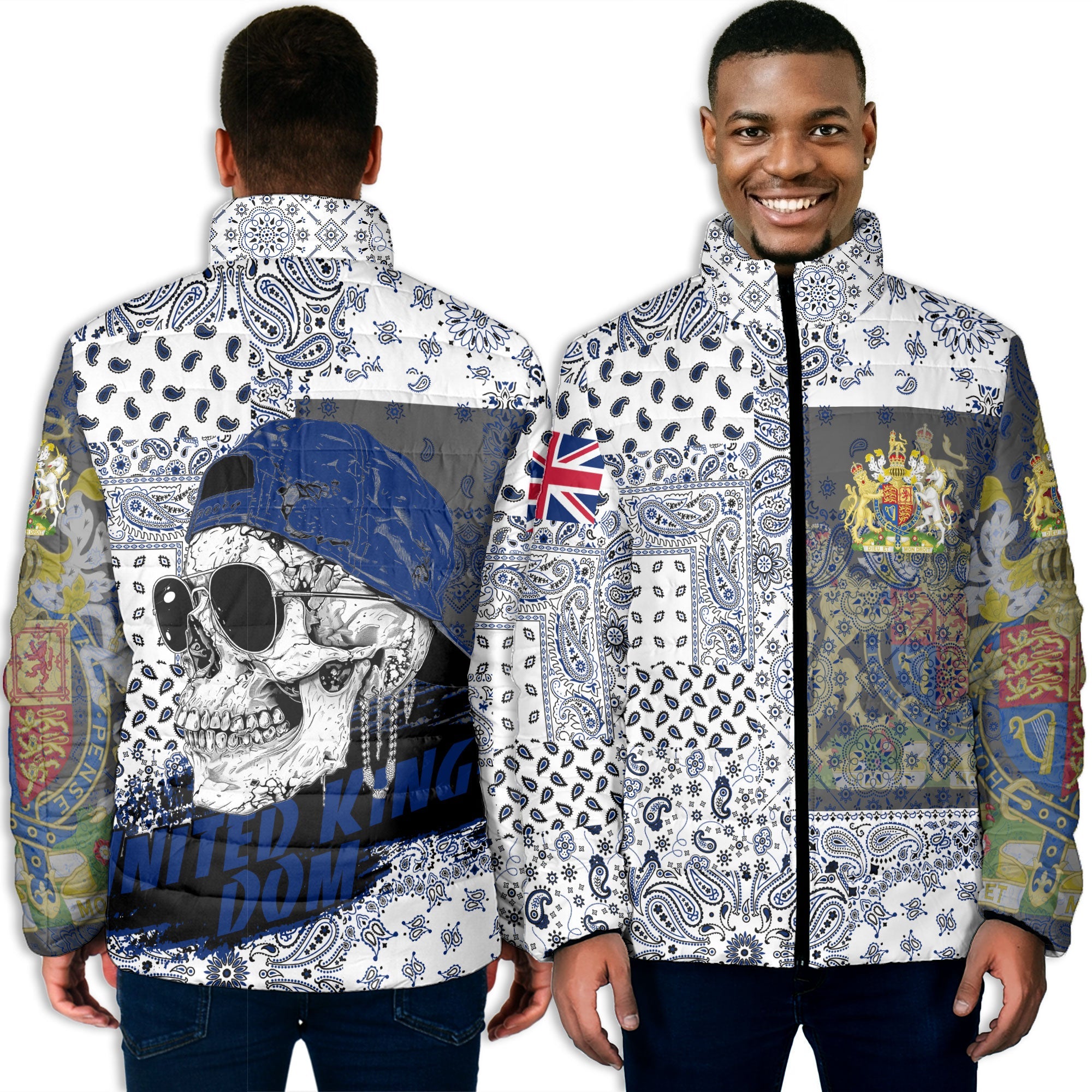 United Kingdom Men Padded Jacket Paisley Flag And Skull Style 3