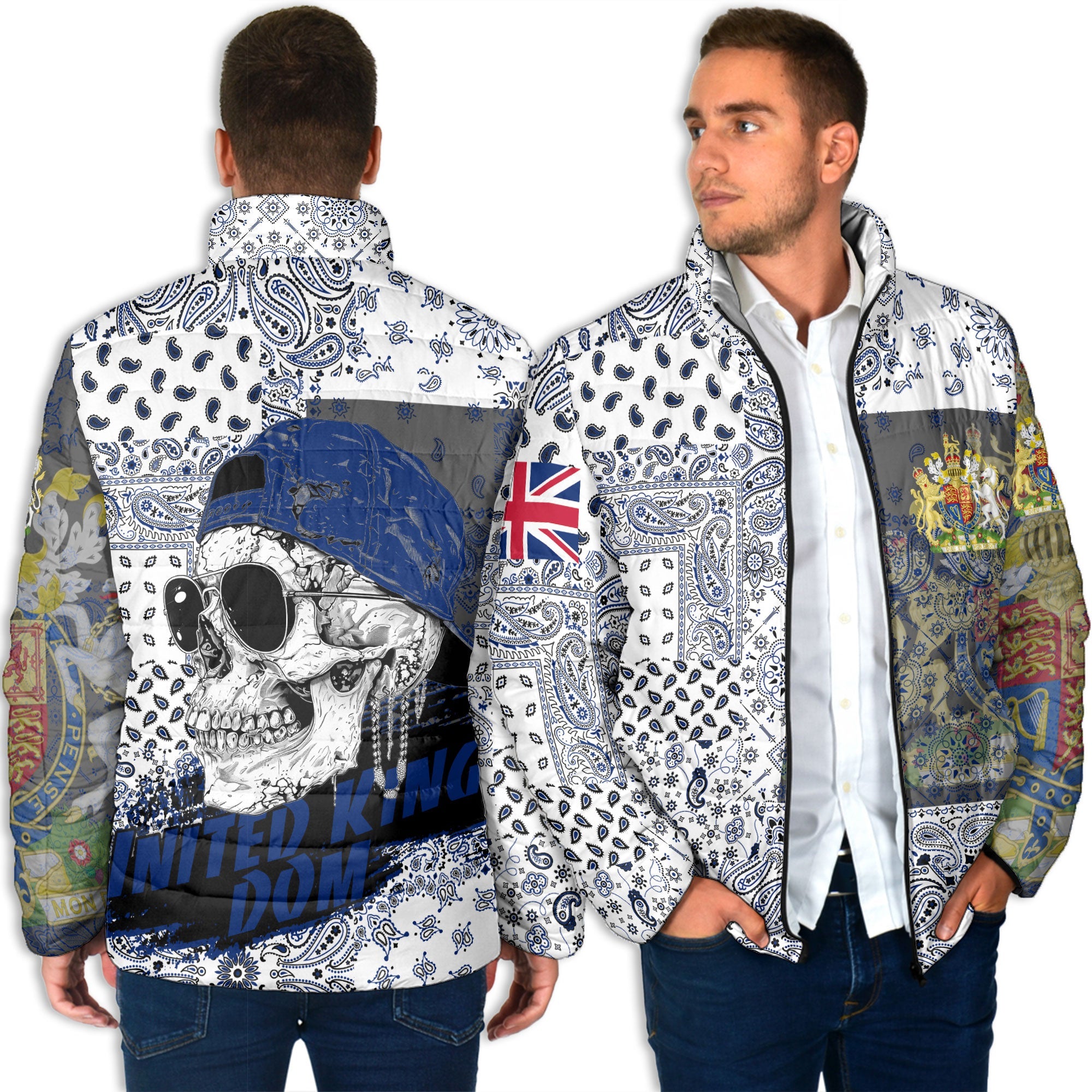 United Kingdom Men Padded Jacket Paisley Flag And Skull Style 4