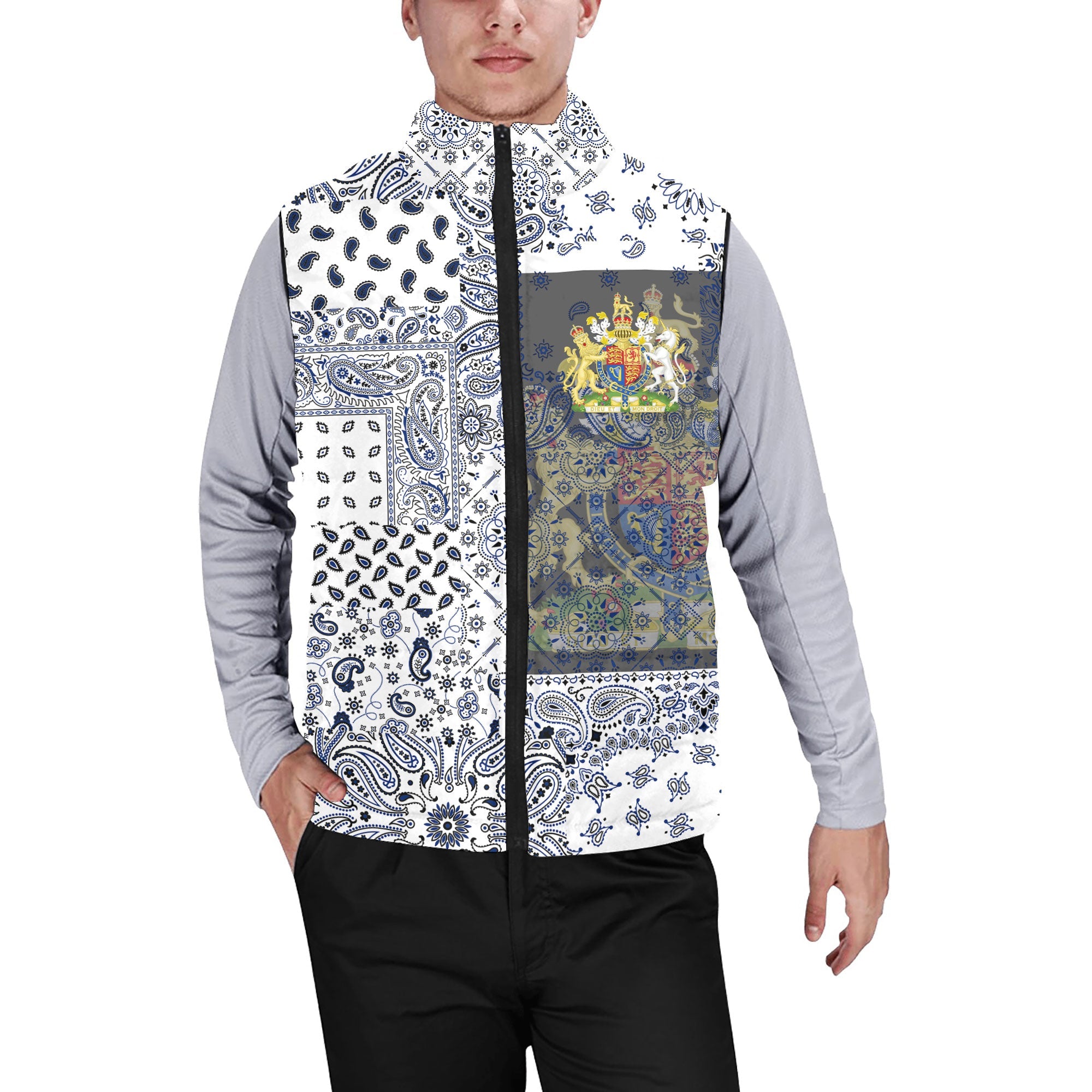 United Kingdom Men Padded Jacket Vest Paisley Flag And Skull Style 1