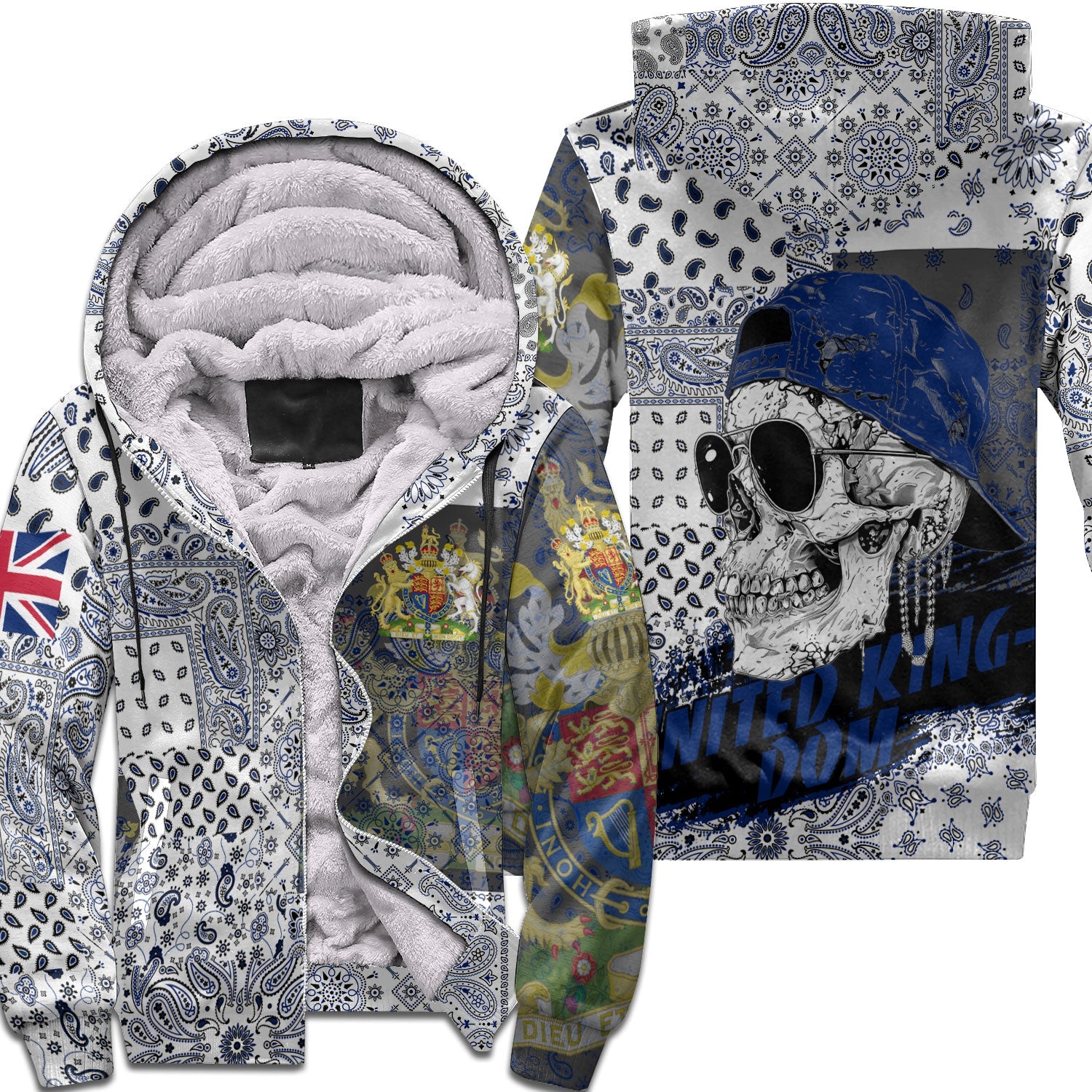 United Kingdom Sherpa Hoodie Paisley Flag And Skull Style 1