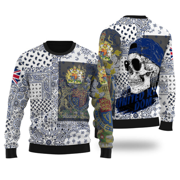 United Kingdom Ugly Sweater Paisley Flag And Skull Style 1