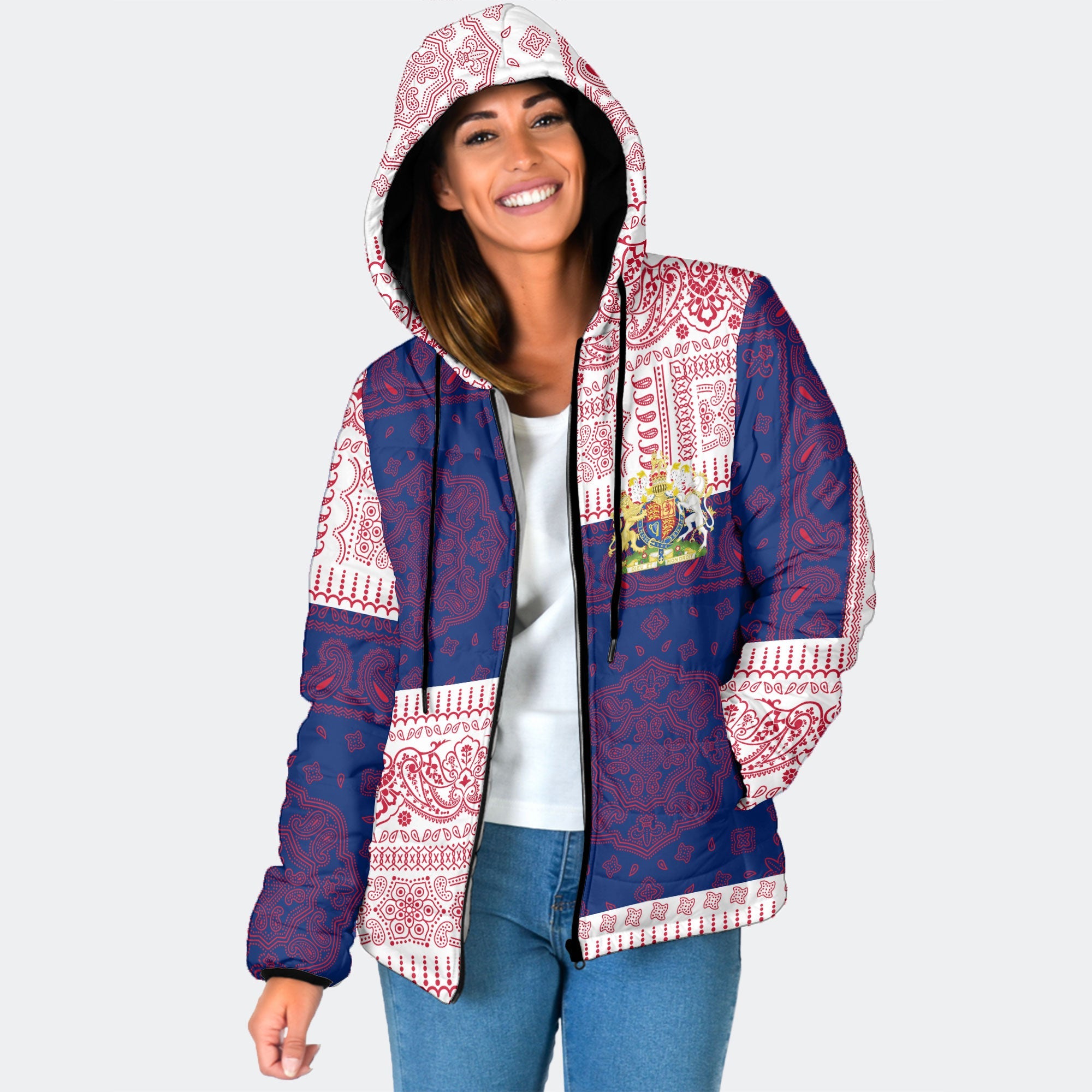 United Kingdom Women Hooded Padded Jacket Flag And Paisley Basic Style 1