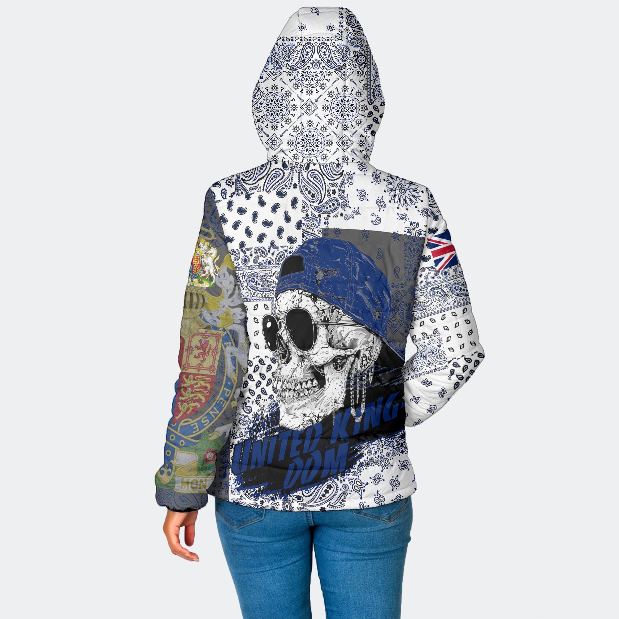 United Kingdom Women Hooded Padded Jacket Paisley Flag And Skull Style 2