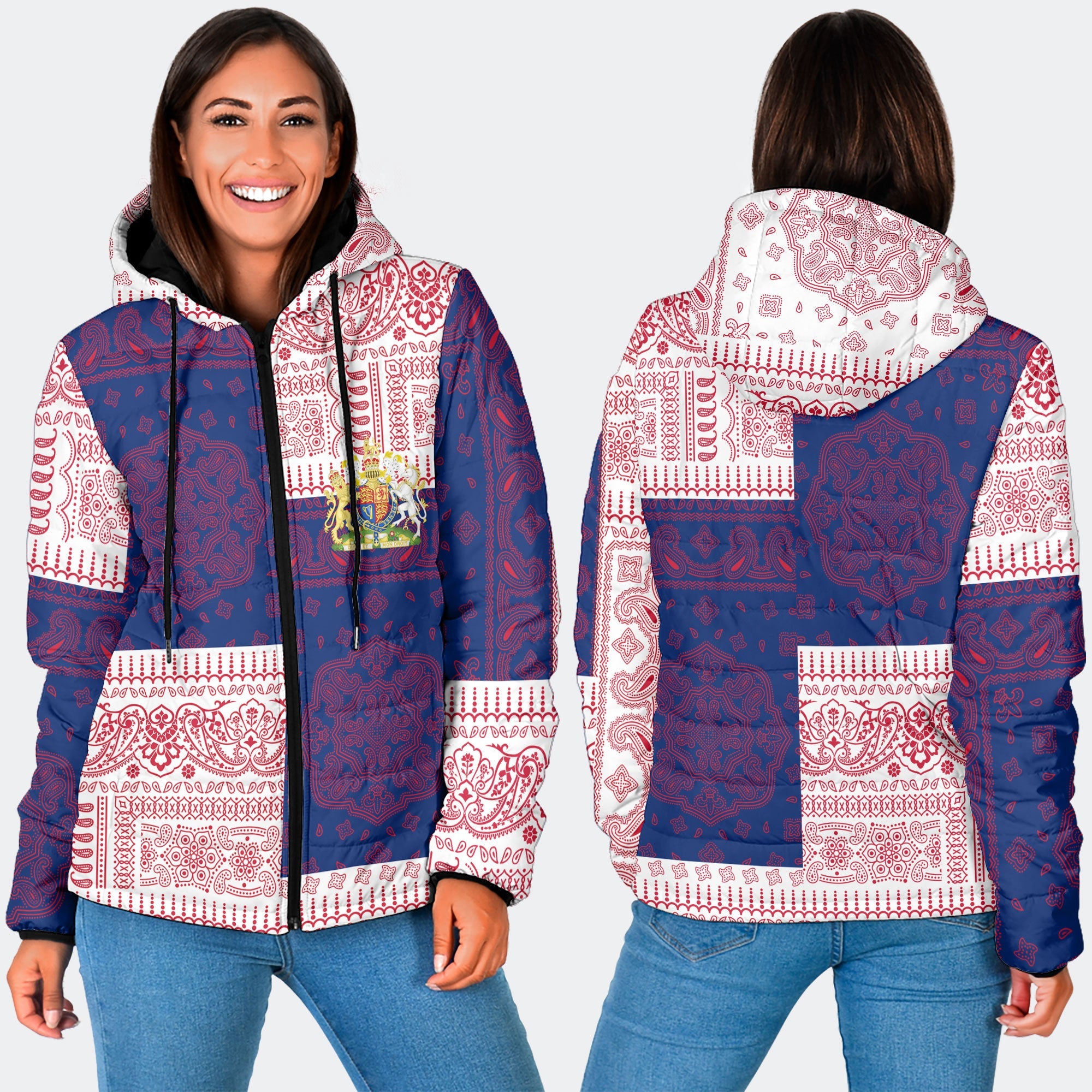 United Kingdom Women Hooded Padded Jacket Flag And Paisley Basic Style 3