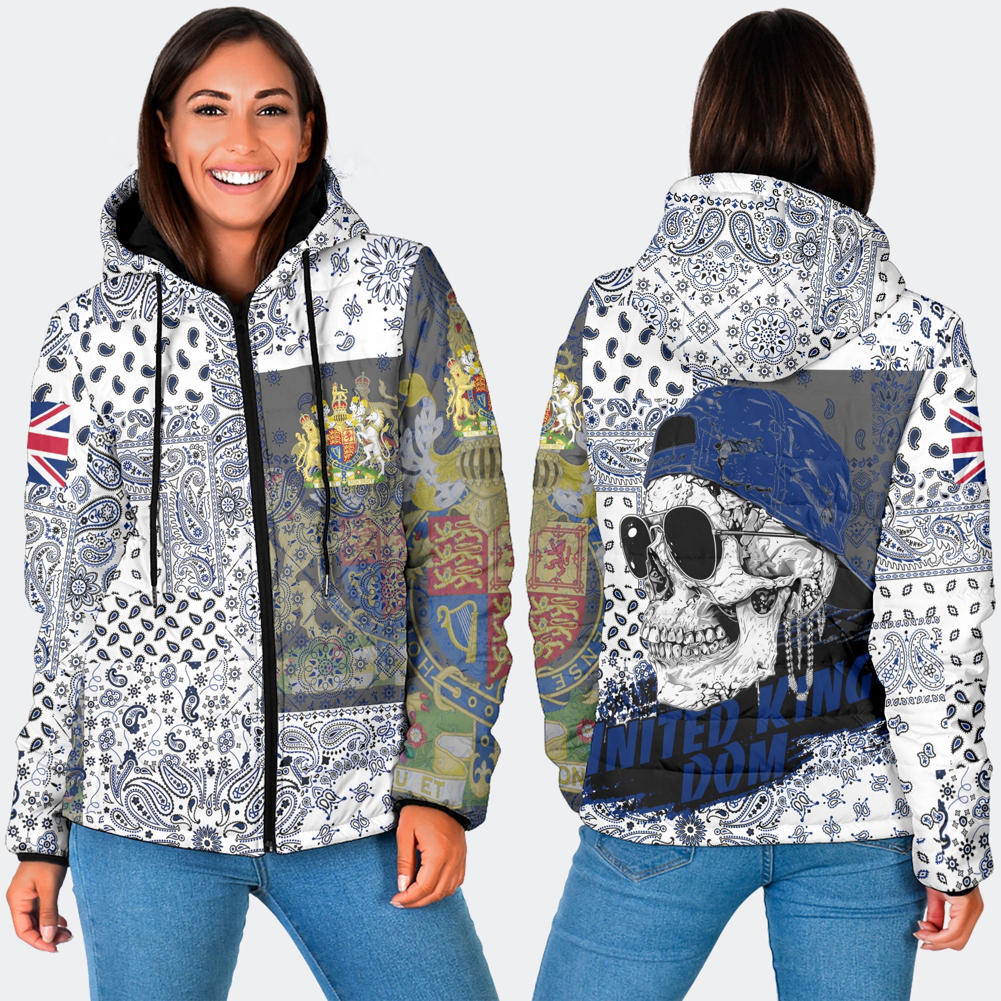 United Kingdom Women Hooded Padded Jacket Paisley Flag And Skull Style 3