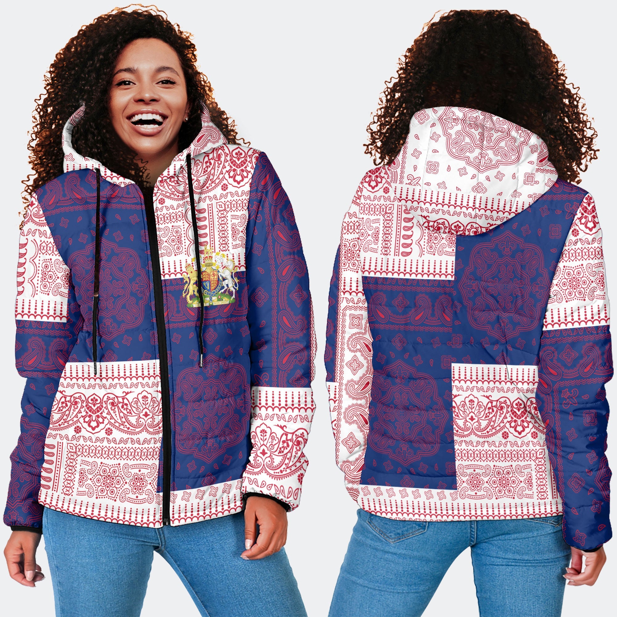 United Kingdom Women Hooded Padded Jacket Flag And Paisley Basic Style 4