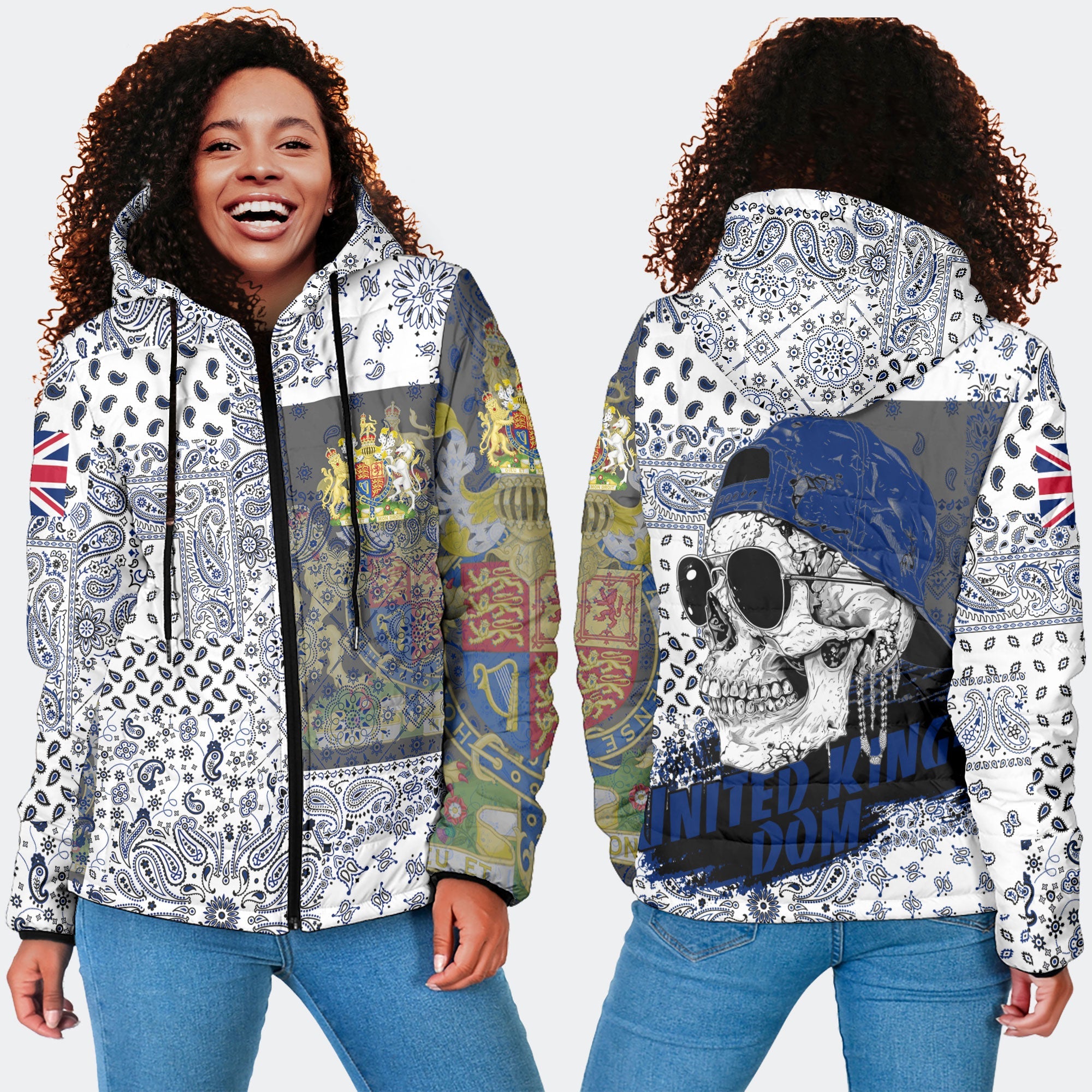 United Kingdom Women Hooded Padded Jacket Paisley Flag And Skull Style 4