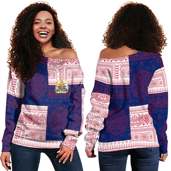 United Kingdom Women Off Shoulder Sweatshirt Flag And Paisley Basic Style 1