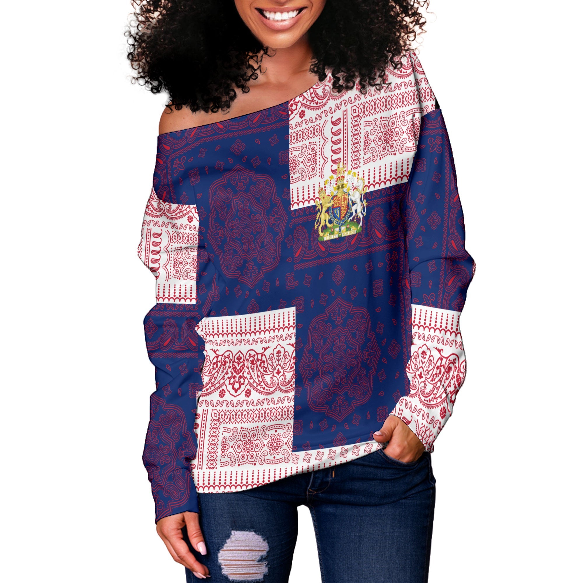 United Kingdom Women Off Shoulder Sweatshirt Flag And Paisley Basic Style 2