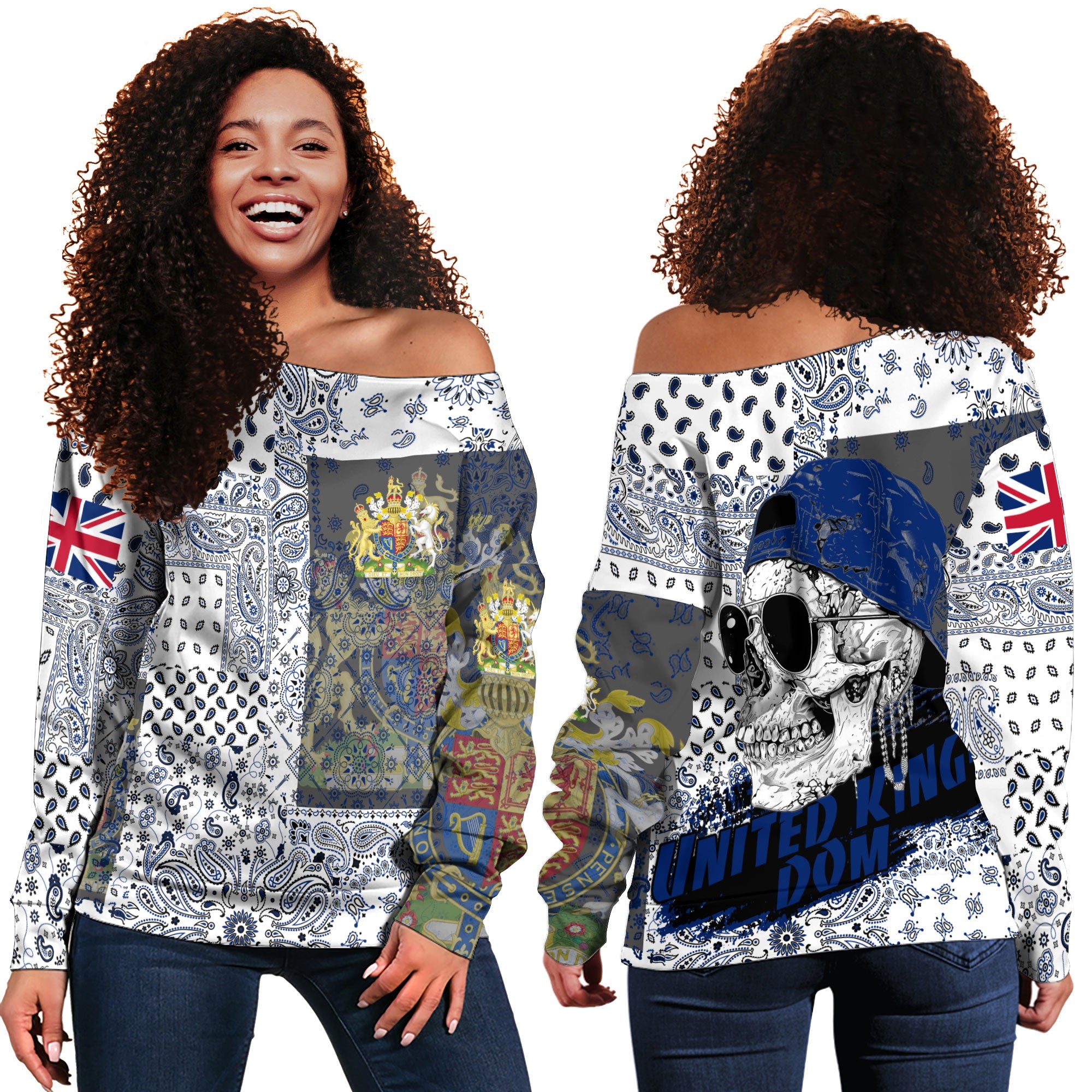 United Kingdom Women Off Shoulder Sweatshirt Paisley Flag And Skull Style 1