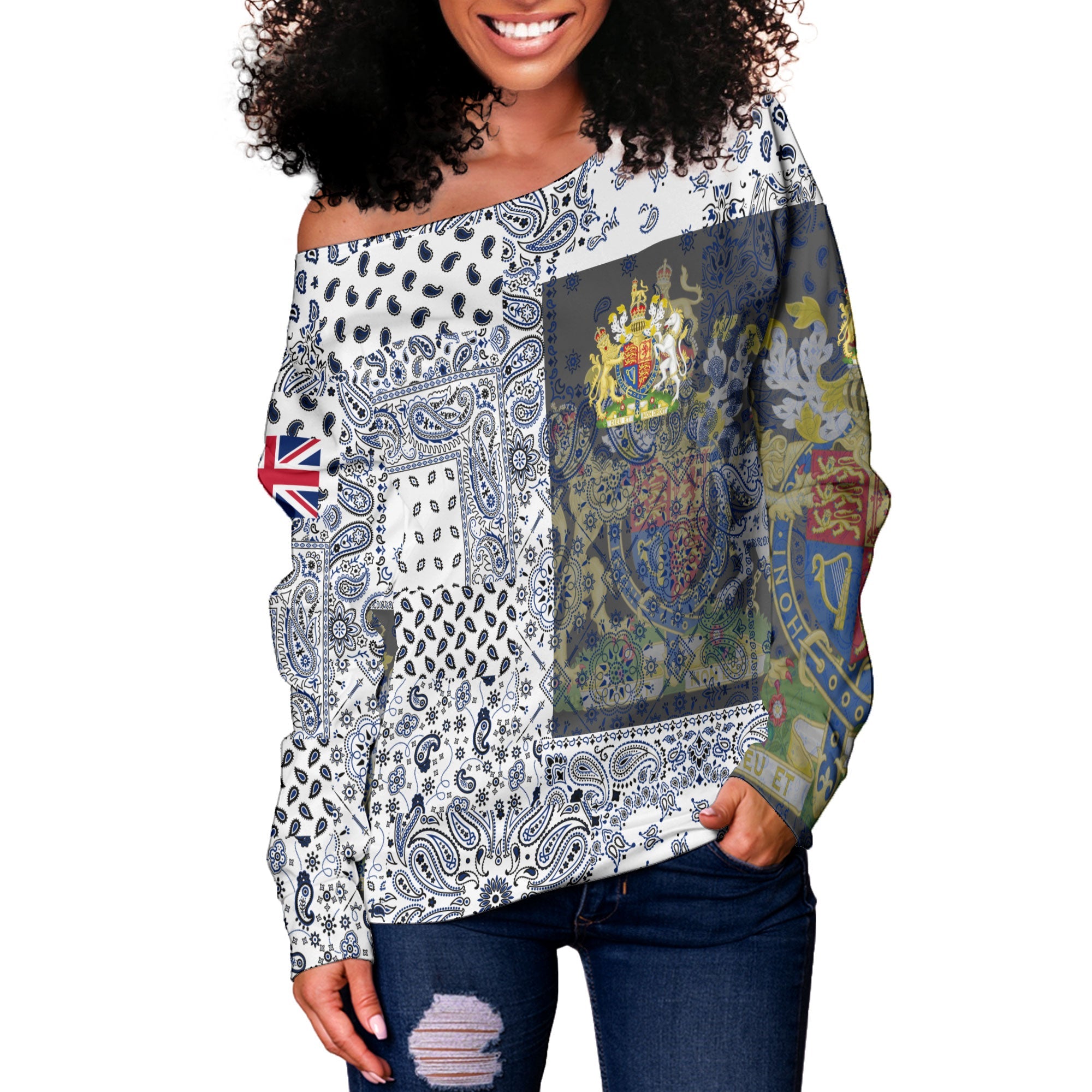 United Kingdom Women Off Shoulder Sweatshirt Paisley Flag And Skull Style 2