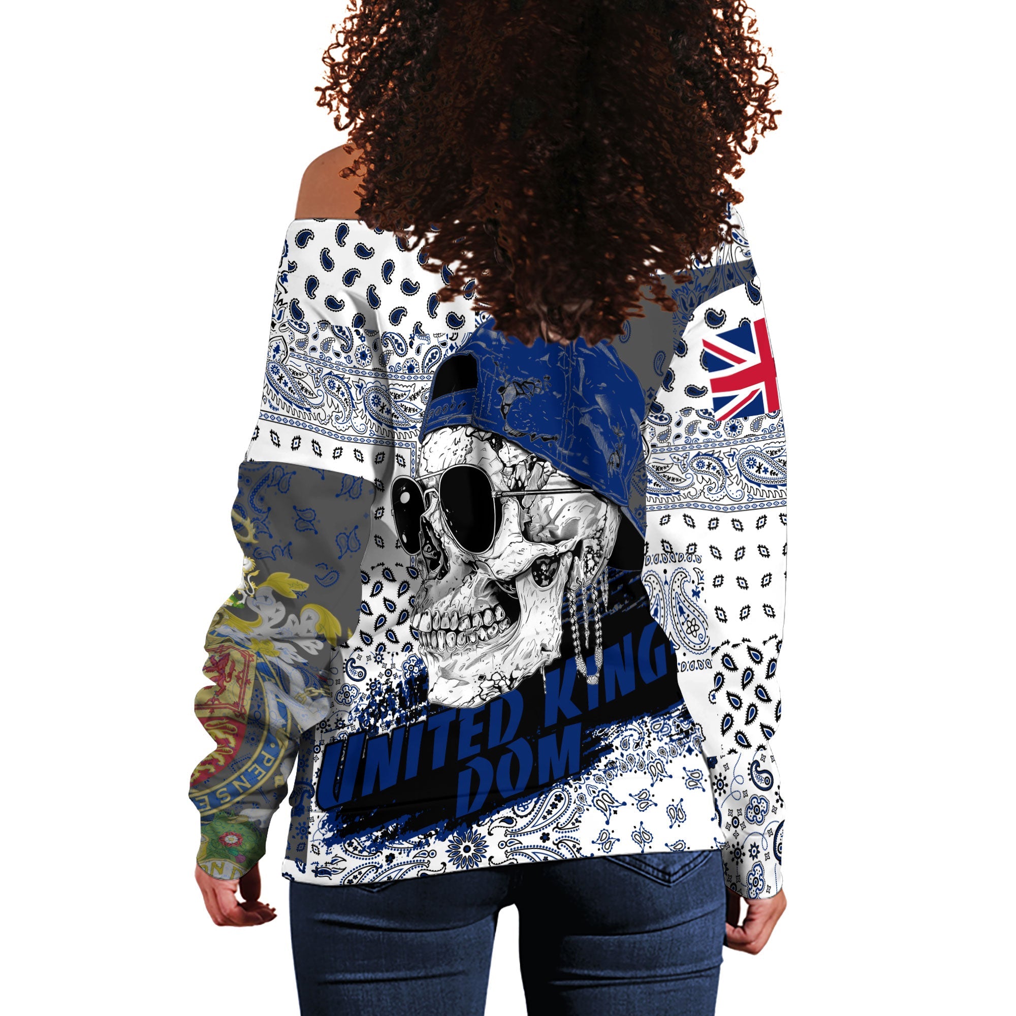 United Kingdom Women Off Shoulder Sweatshirt Paisley Flag And Skull Style 3