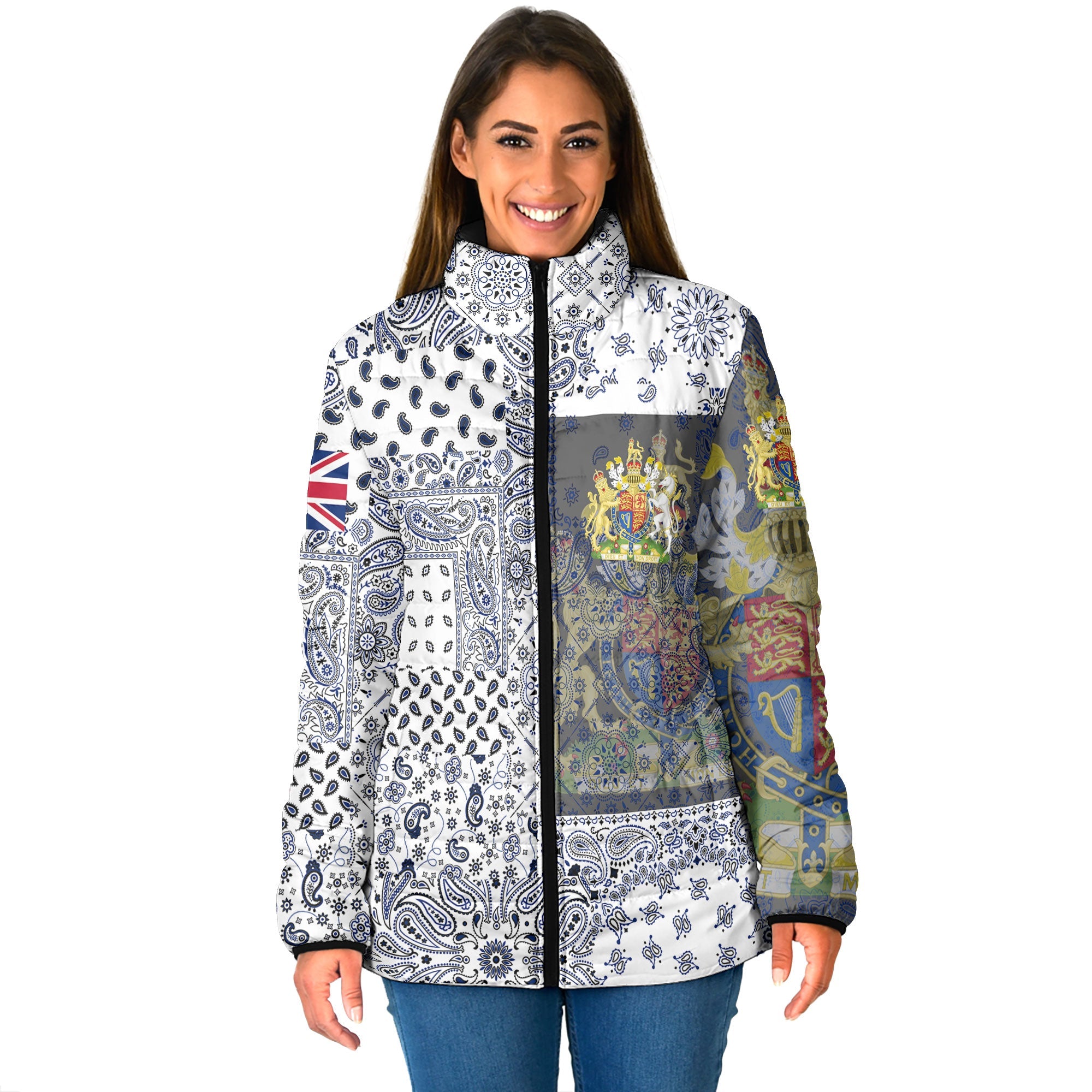 United Kingdom Women Padded Jacket Paisley Flag And Skull Style 1