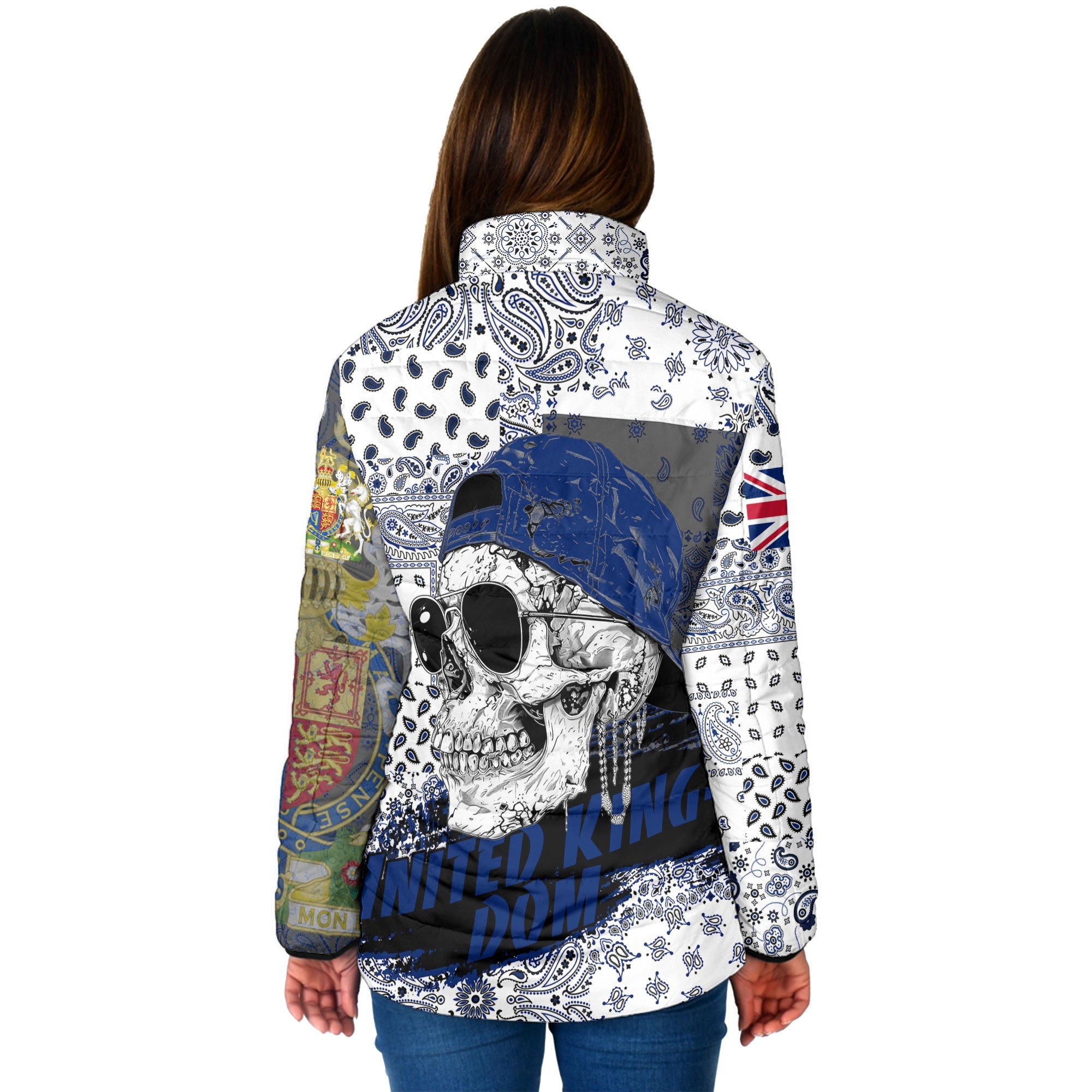 United Kingdom Women Padded Jacket Paisley Flag And Skull Style 2