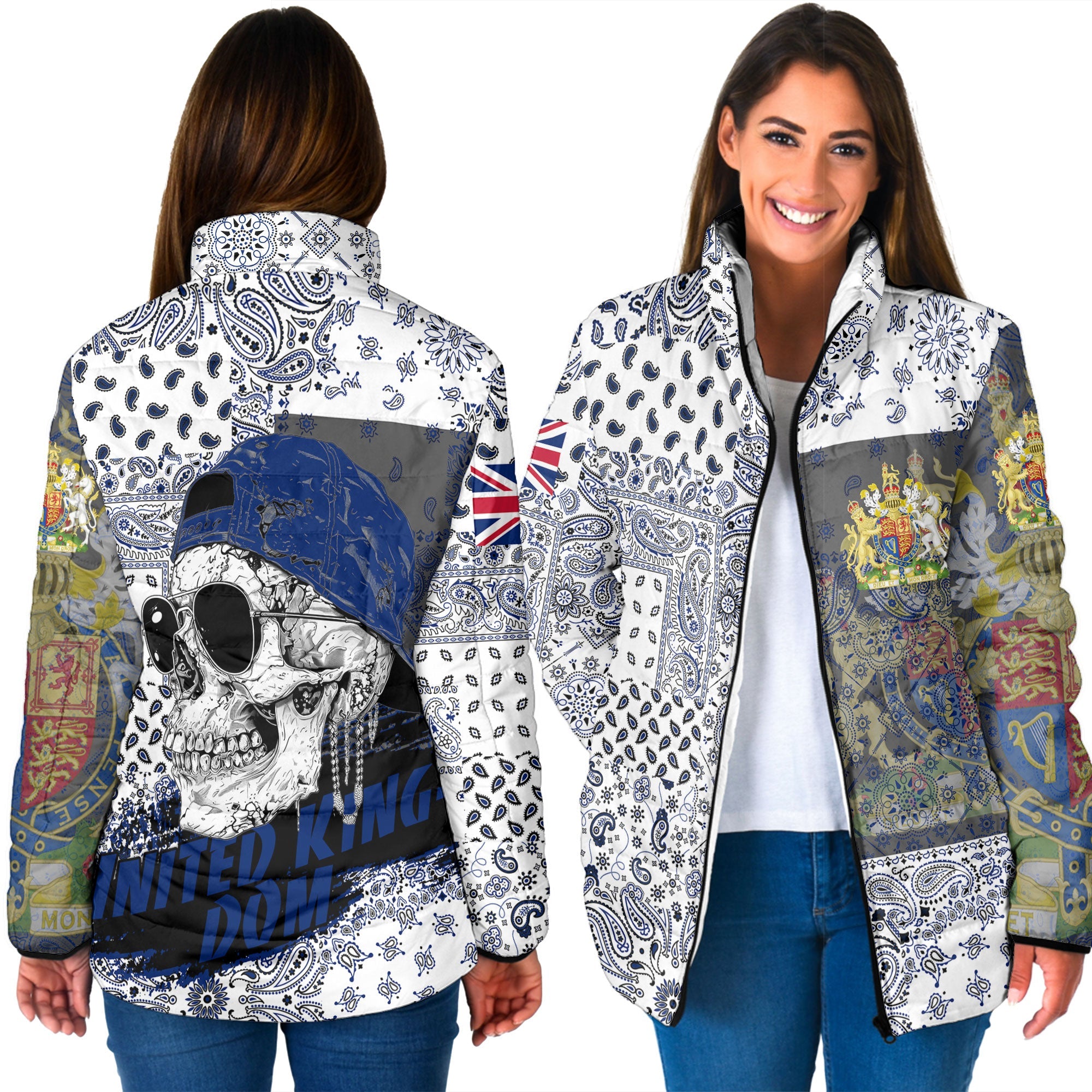 United Kingdom Women Padded Jacket Paisley Flag And Skull Style 3