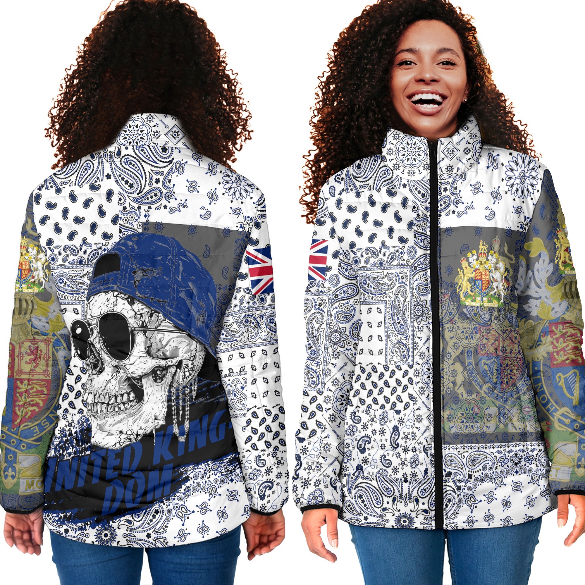 United Kingdom Women Padded Jacket Paisley Flag And Skull Style 4