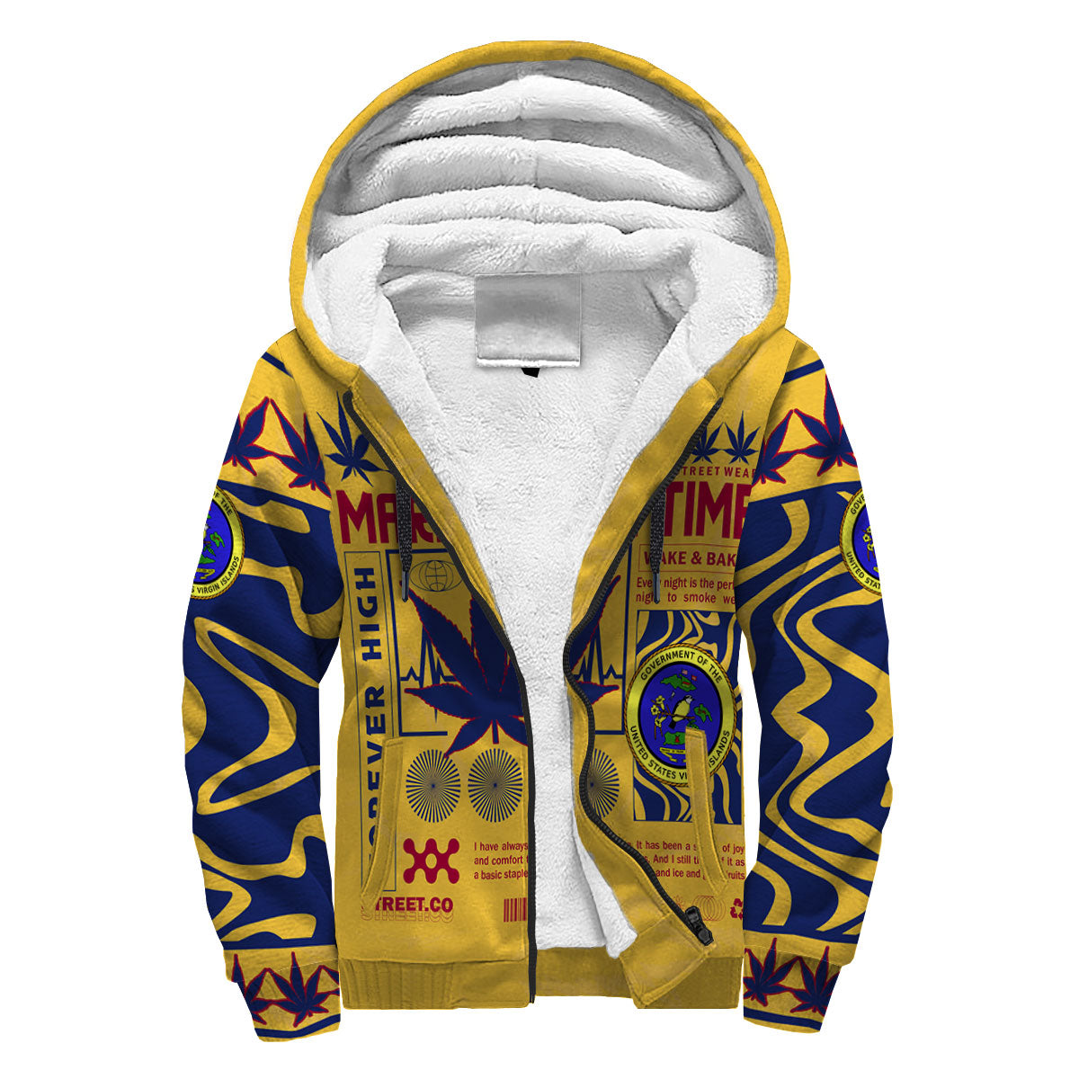 United States Virgin Islands Sherpa Hoodie Flag & Coat Of Arms Marijuanas Style