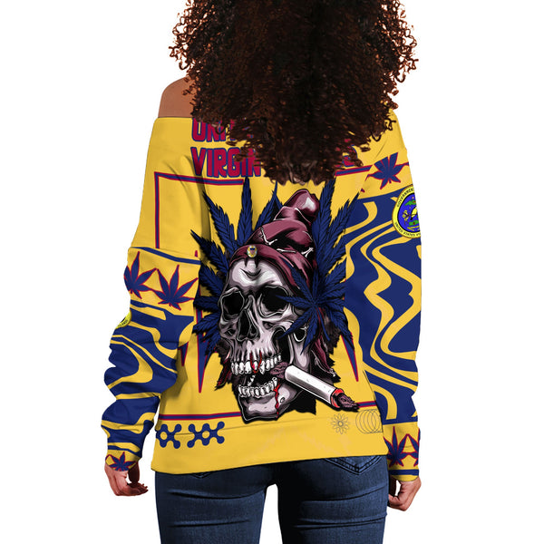 United States Virgin Islands Women Off Shoulder Sweatshirt Flag & Coat Of Arms Marijuanas Style