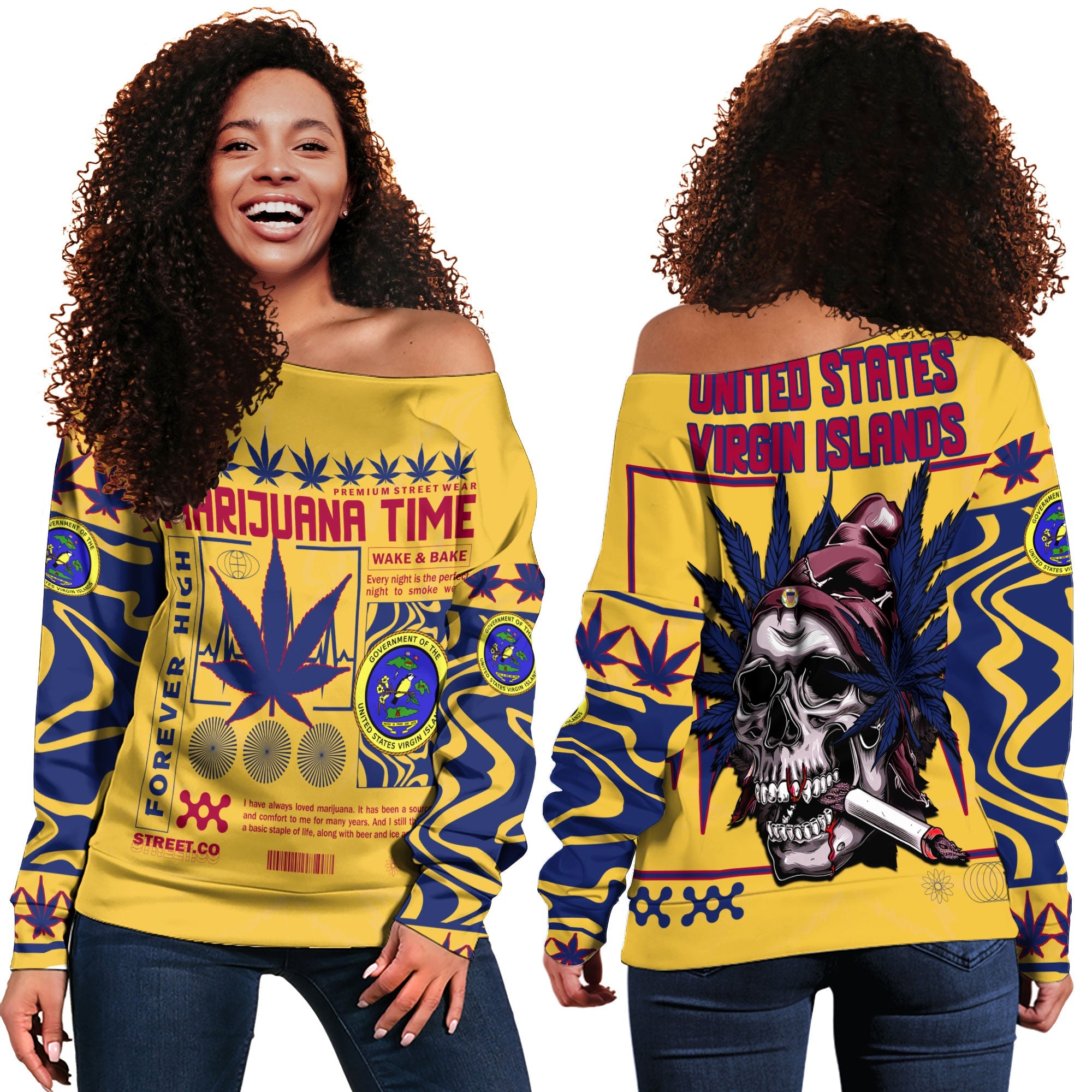 United States Virgin Islands Women Off Shoulder Sweatshirt Flag & Coat Of Arms Marijuanas Style